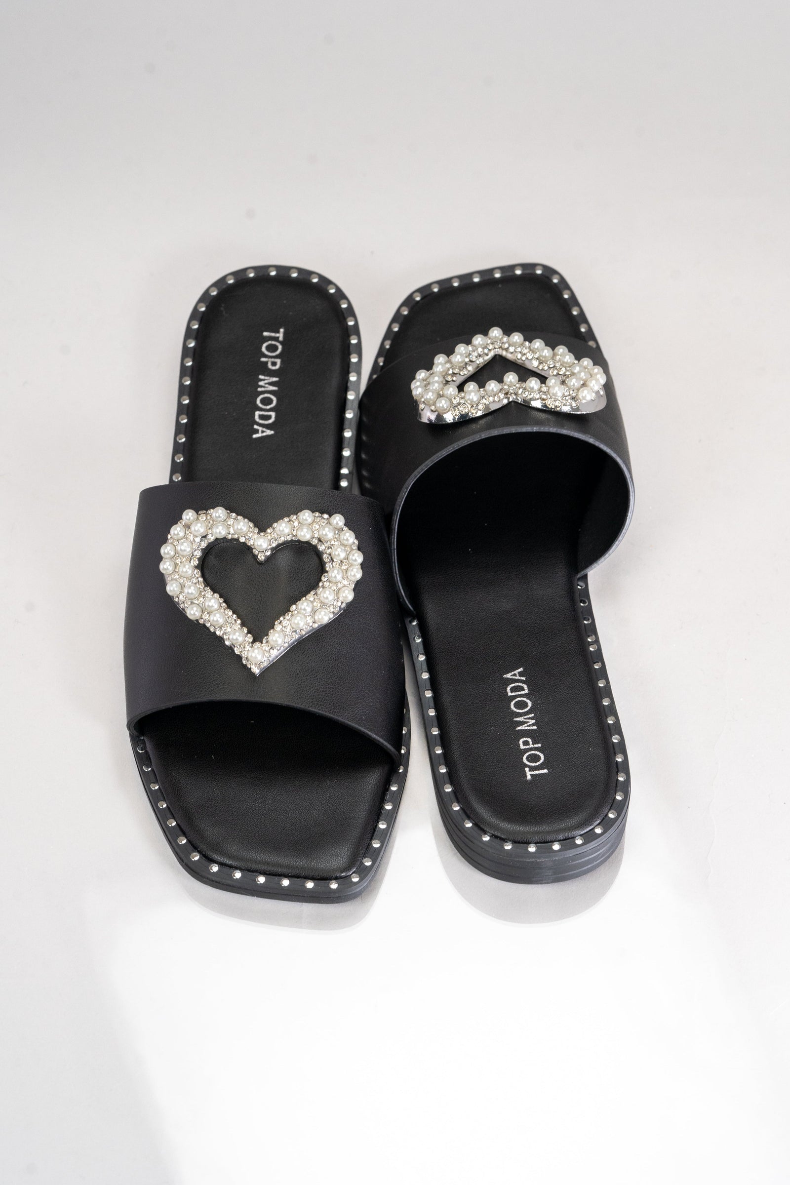 Flat Slide Sandals with Pearl & Rhinestone Heart (SALE)