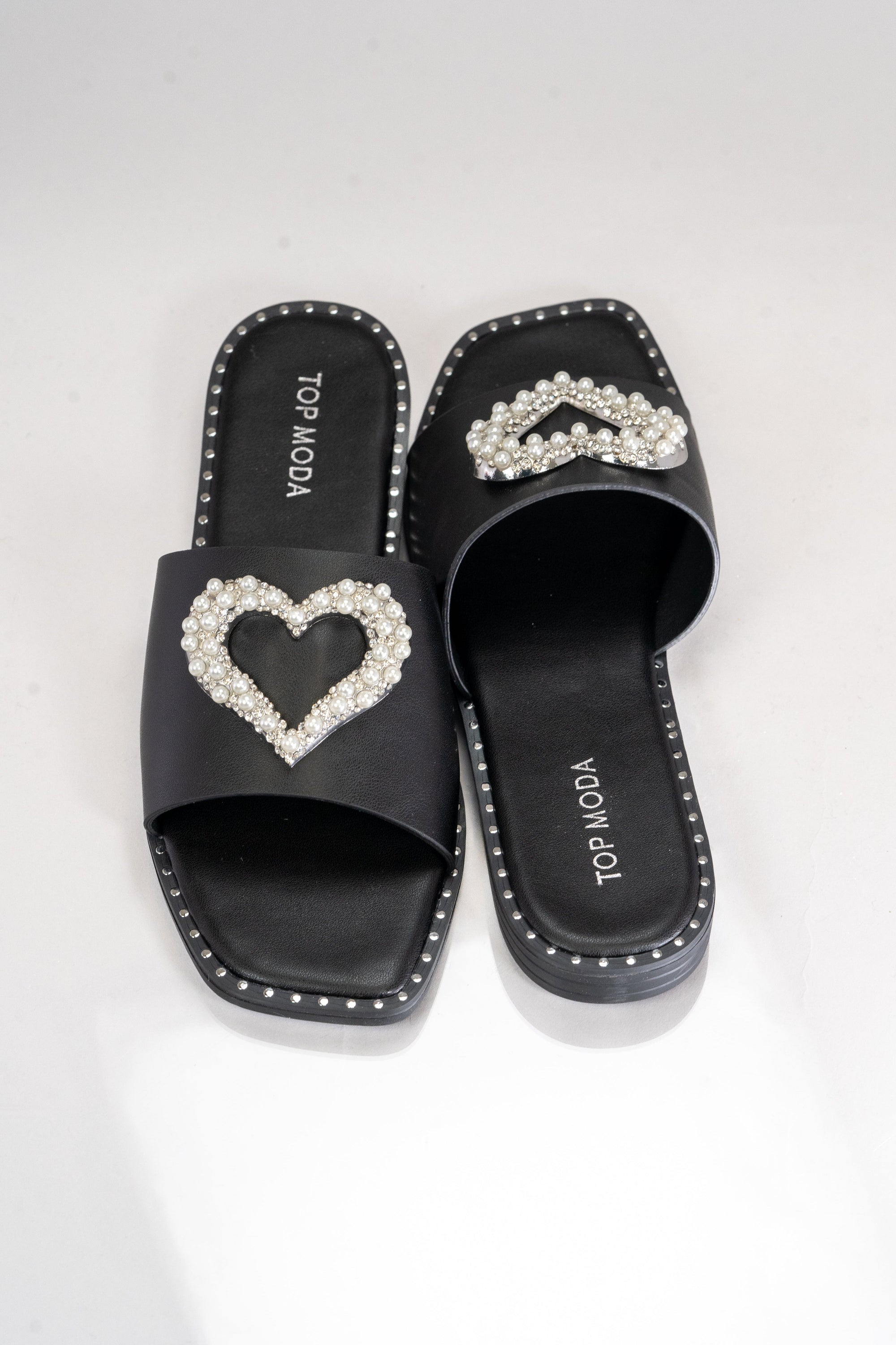 Flat Slide Sandals with Pearl & Rhinestone Heart (SALE)