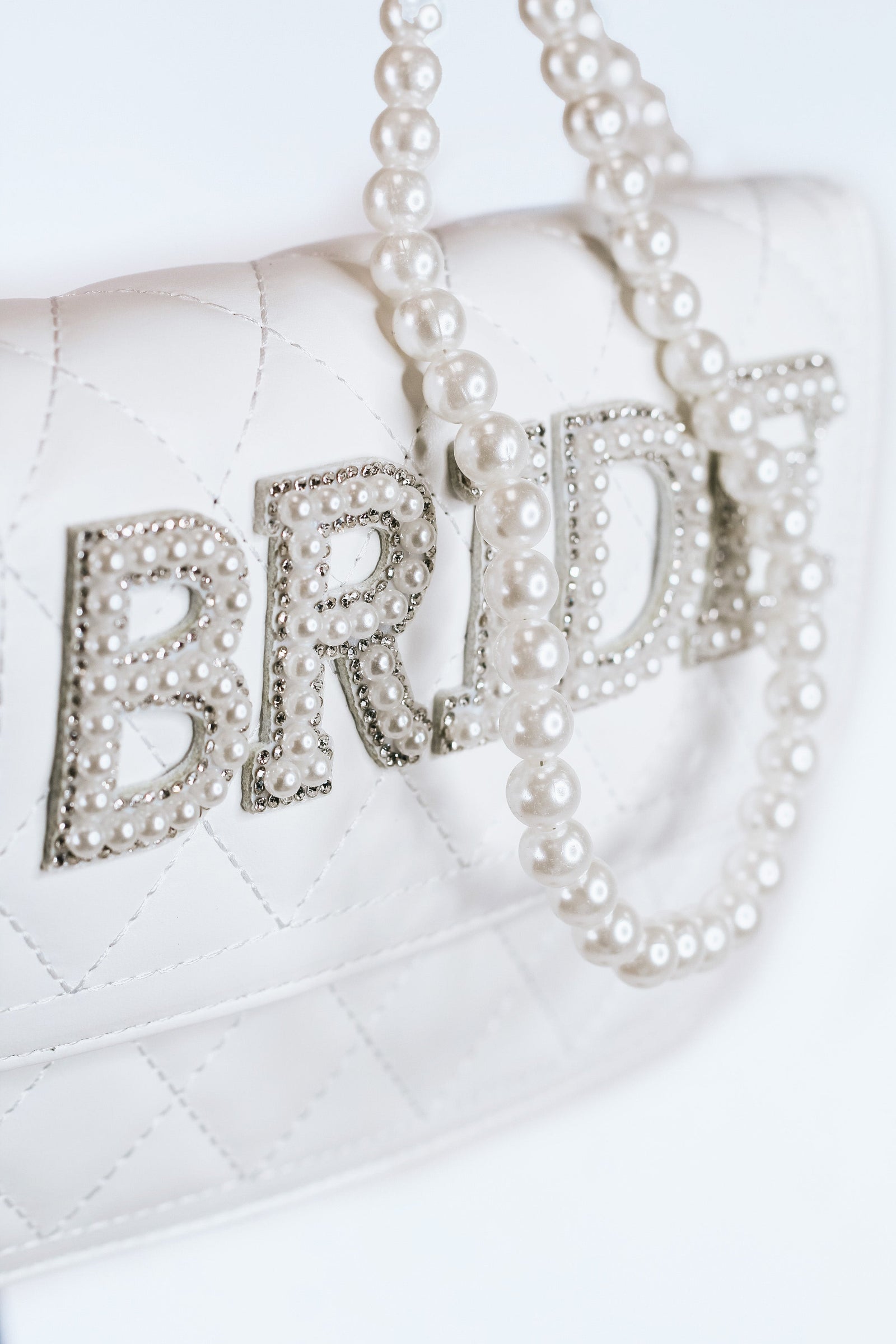 "Bride" Rhinestone & Pearl Quilted Purse w/ Pearl Strap - Glitz & Ears Boutique