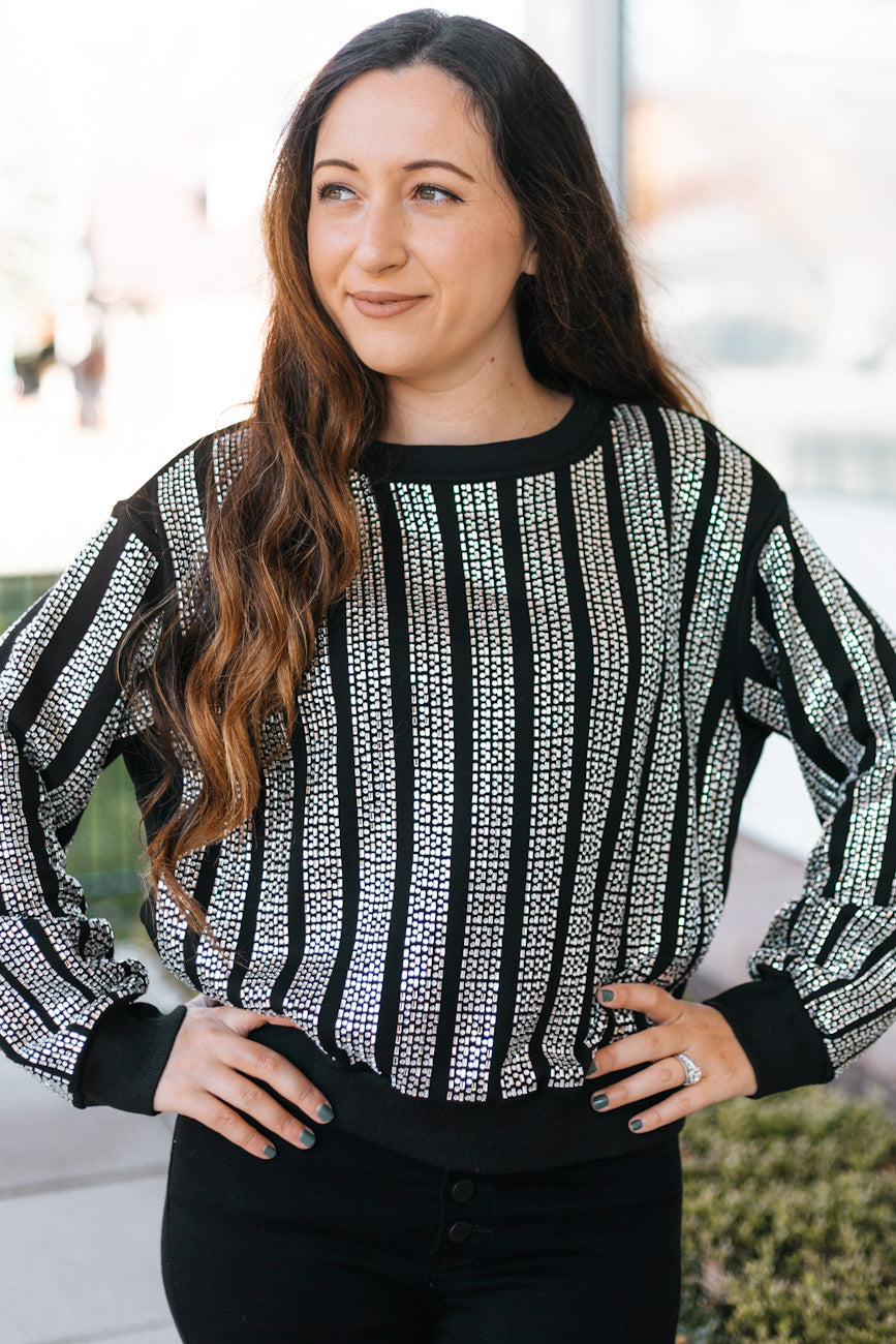 Rhinestone Stripe Round Neck Sweater
