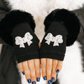 Fur Trim Bow Rhinestone Fingerless Gloves
