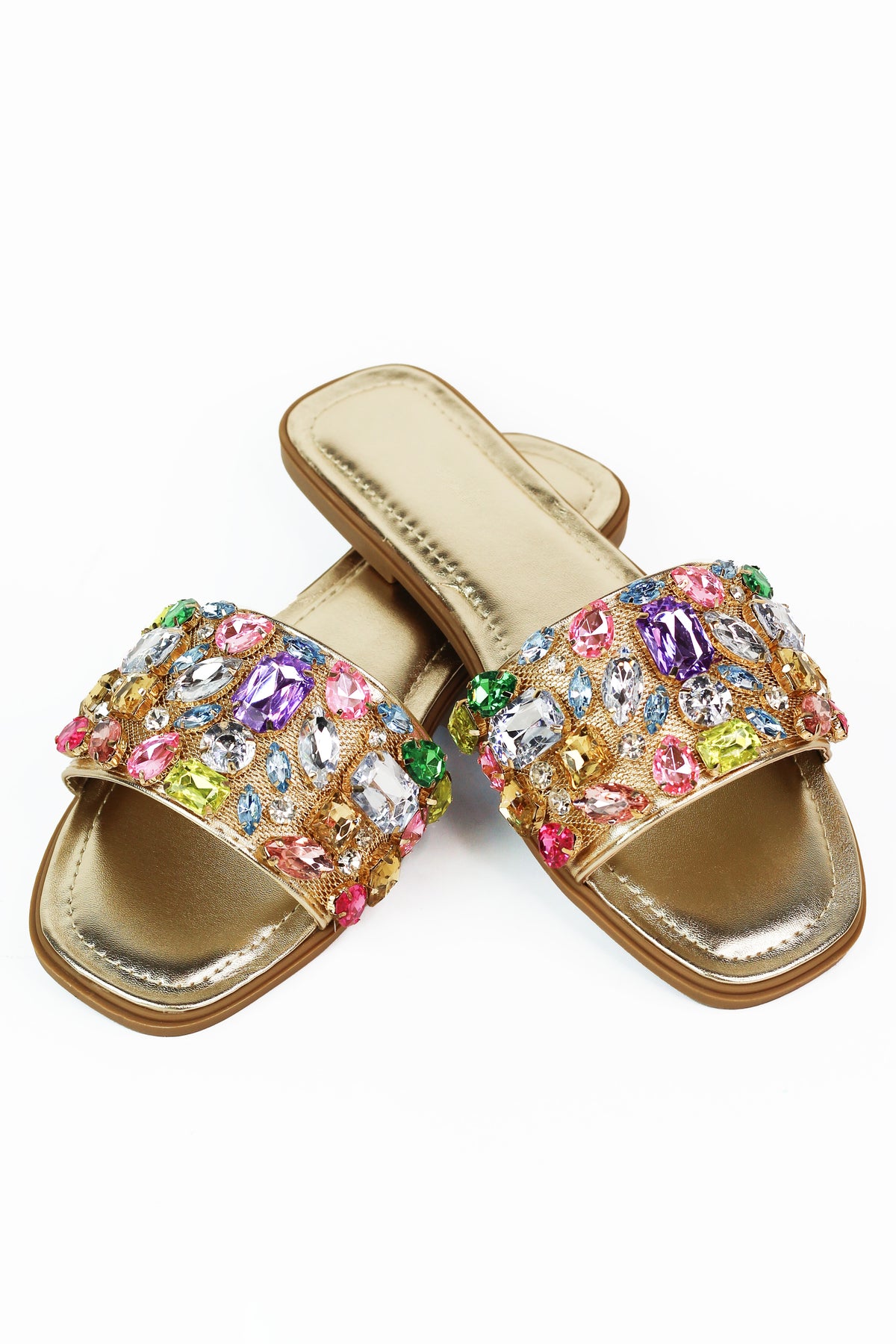 Metallic Slides w/ Multicolor Chunky Rhinestone Band