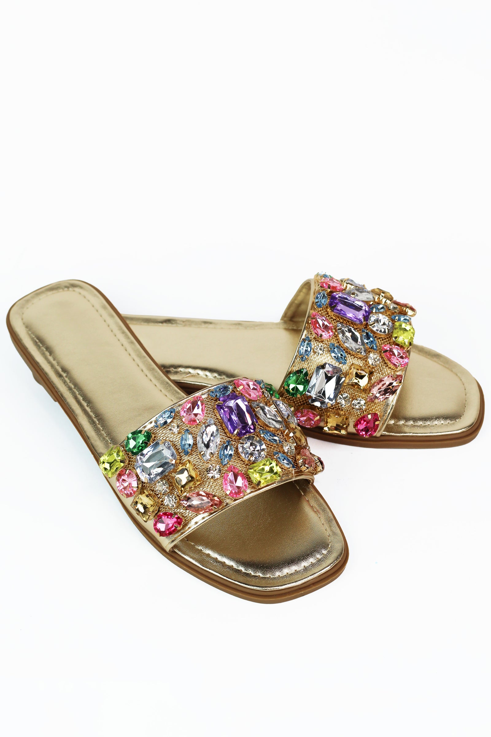 Metallic Slides w/ Multicolor Chunky Rhinestone Band