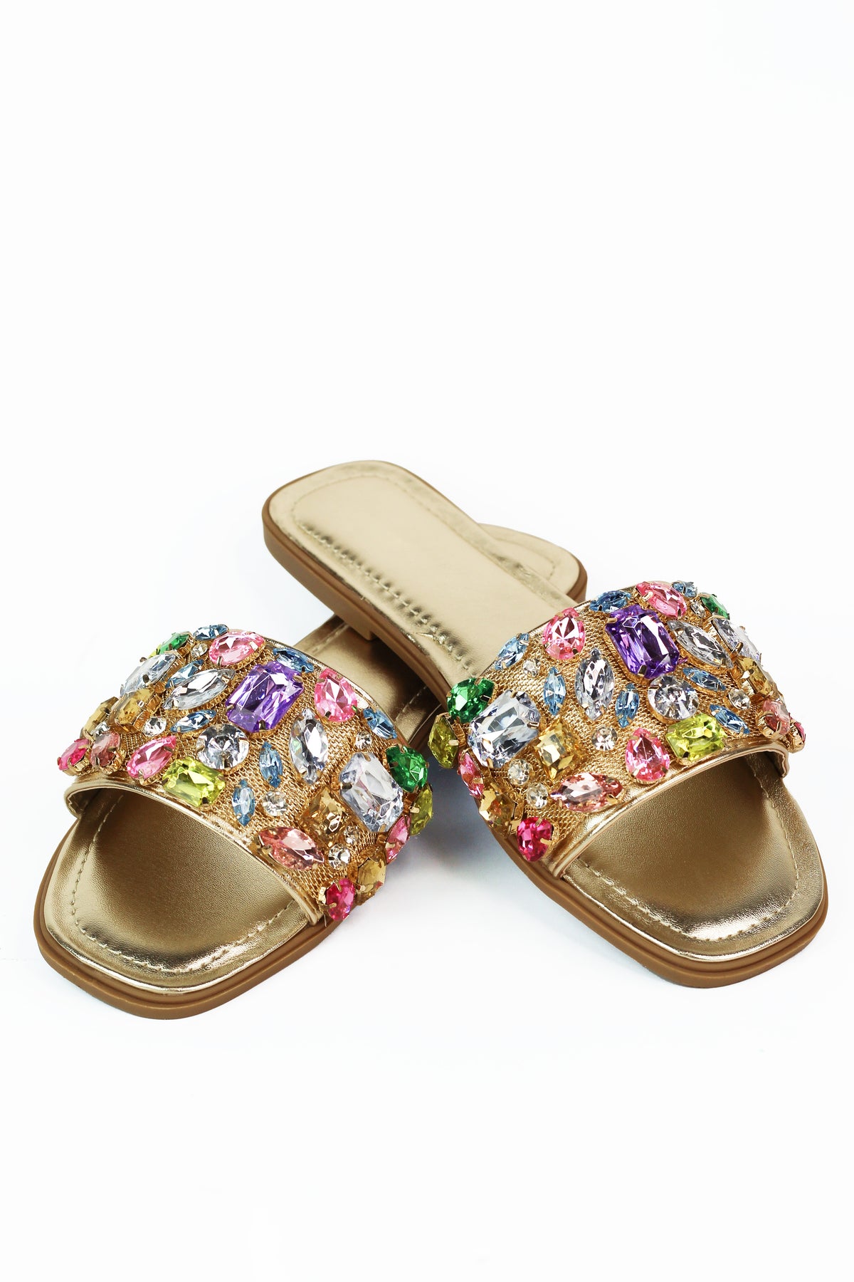 Metallic Slides w/ Multicolor Chunky Rhinestone Band