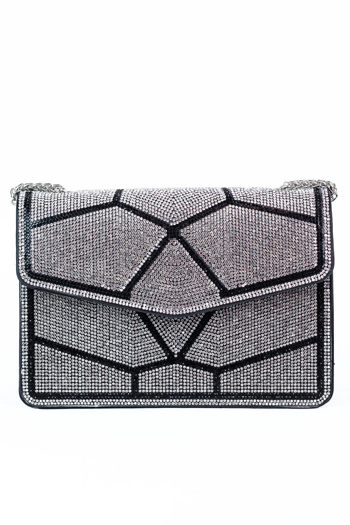 Geometric Design All Rhinestone Front Flap Clutch