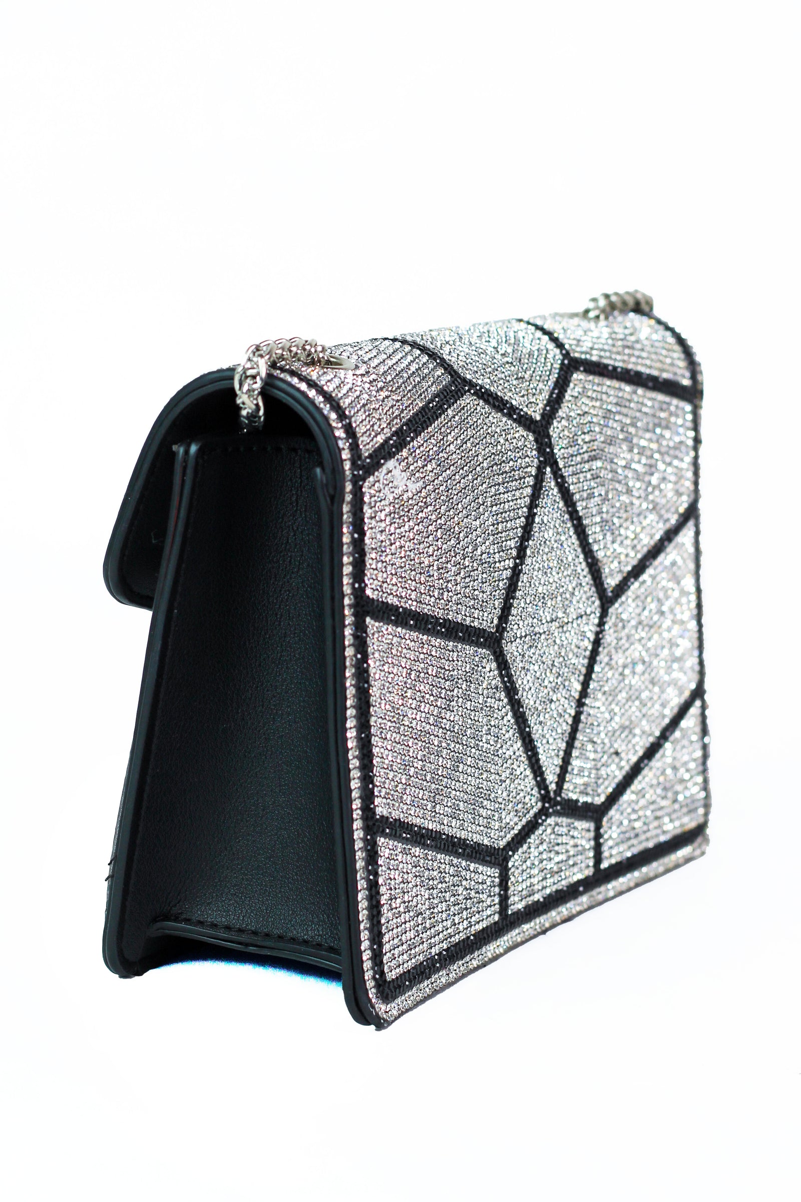 Geometric Design All Rhinestone Front Flap Clutch