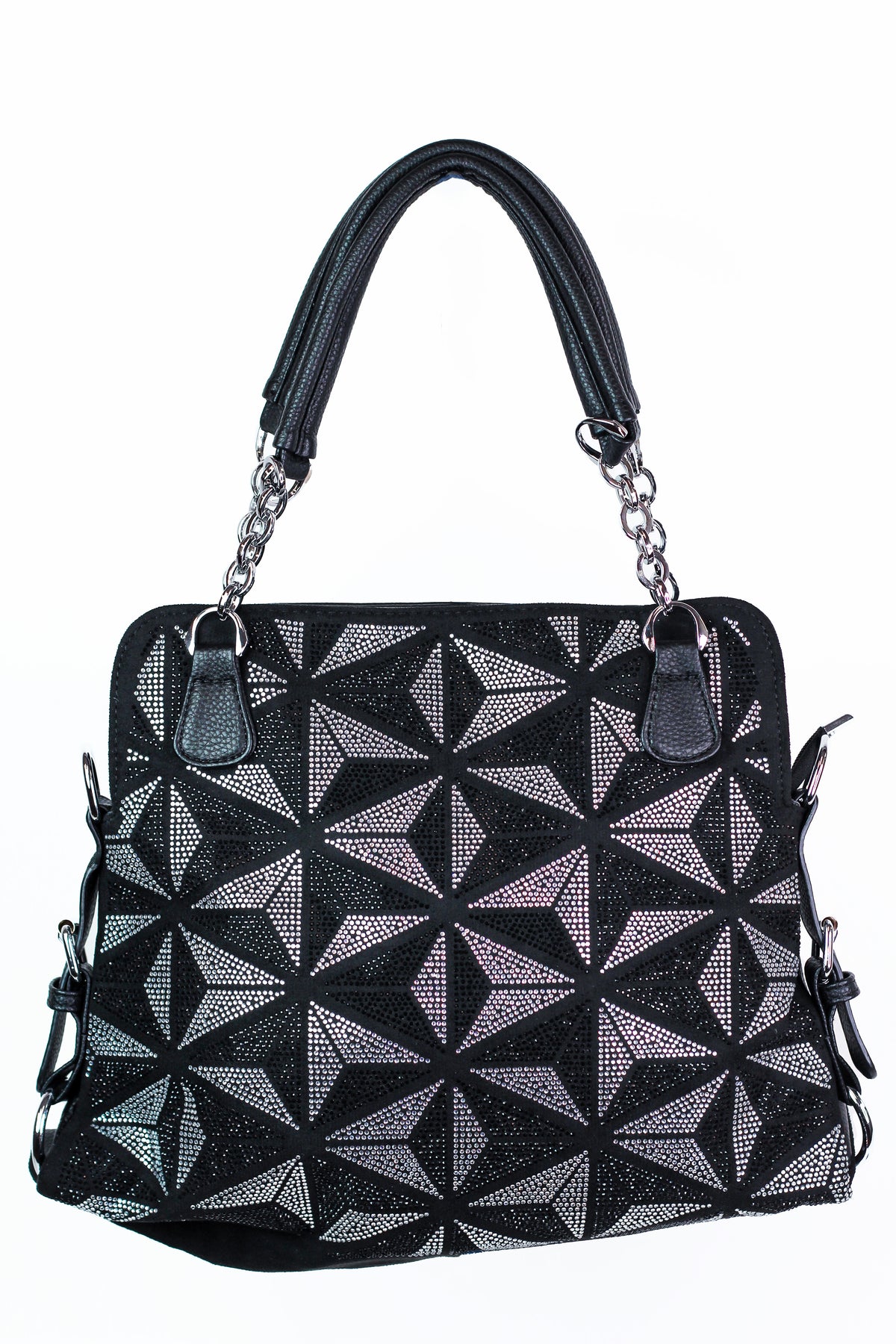 Rhinestone Triangles Front Purse w/ Side Buckles &amp; Chain Handles