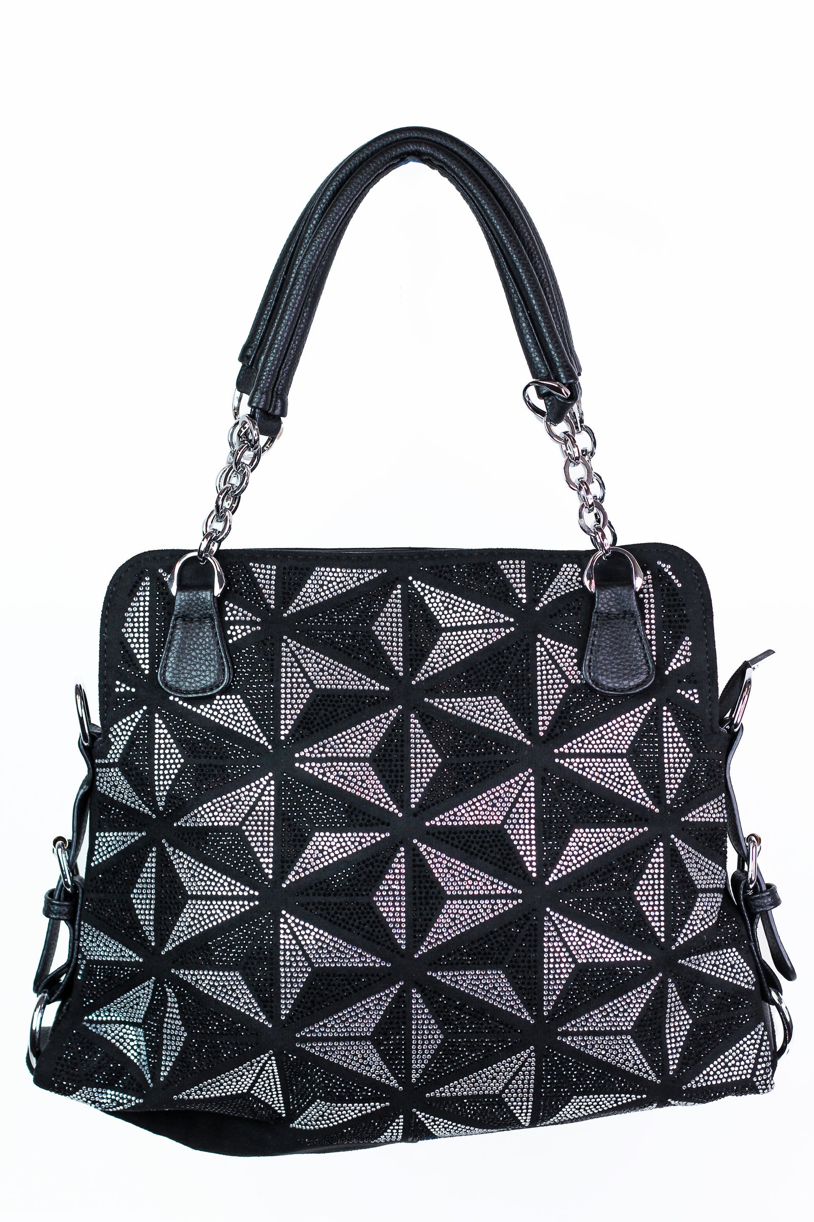 Rhinestone Triangles Front Purse w/ Side Buckles & Chain Handles