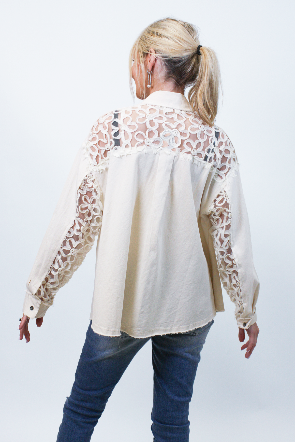 Distressed Button Down Shacket w/ Pearl &amp; Rhinestone Mesh Embellishments