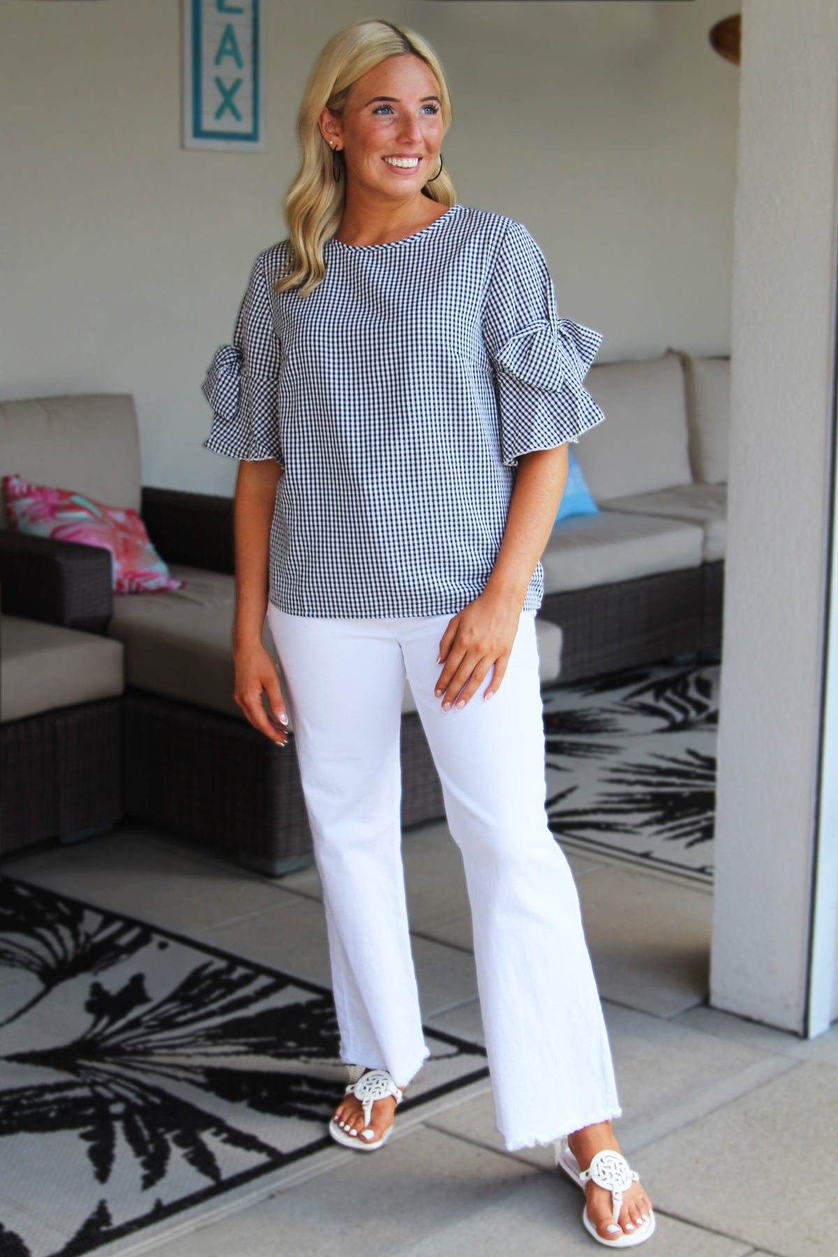 Black &amp; White Gingham Short Sleeve Top With Bow Sleeves