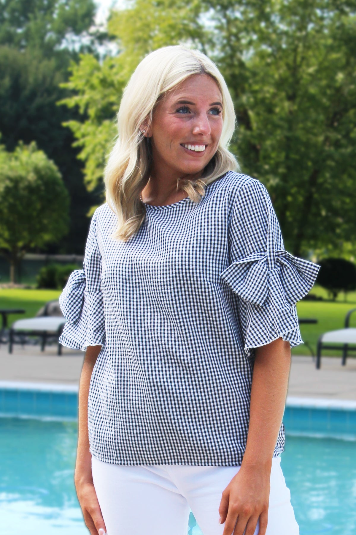 Black & White Gingham Short Sleeve Top With Bow Sleeves