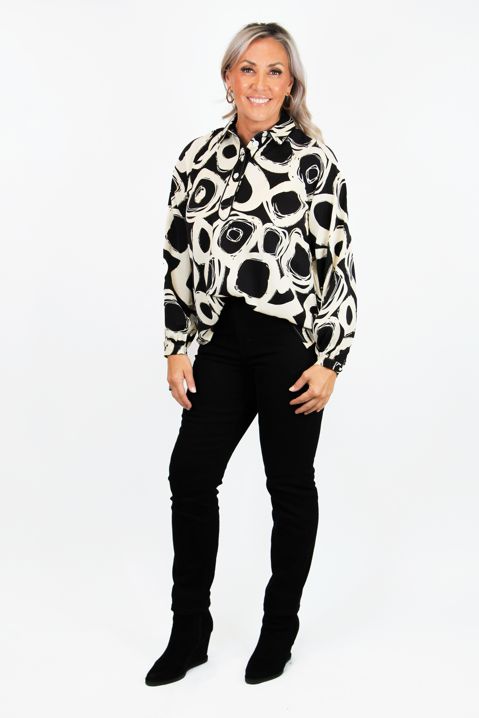 Glitter Accented Print Popover Top W/ Piping Detail