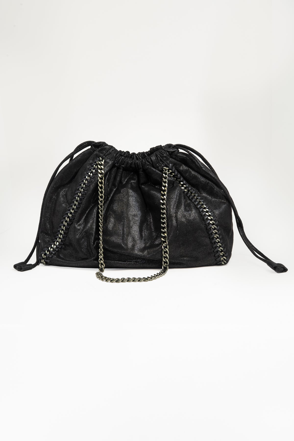 A front view of our black shimmery drawstring hobo bag with chain strap details, highlighting how large this purse is.