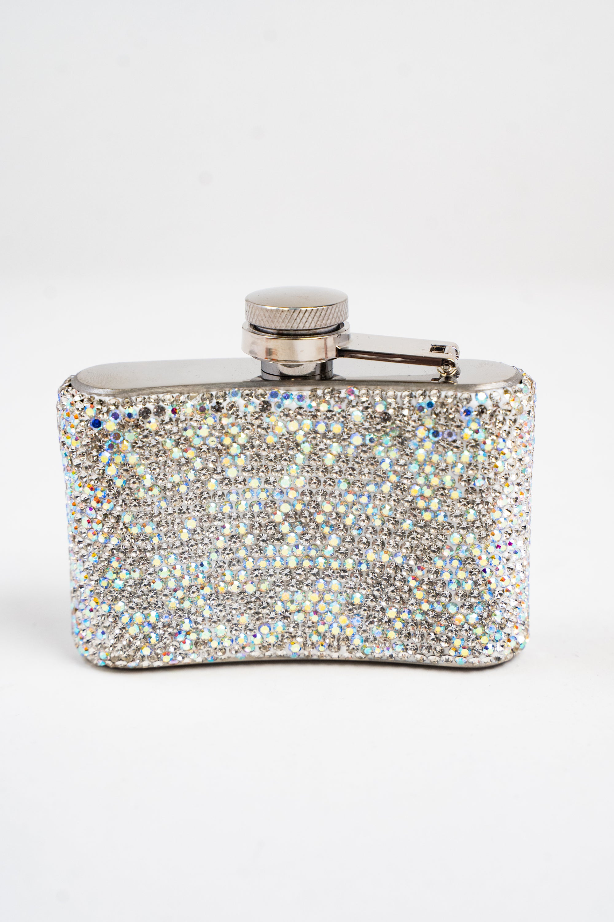 A back view of a small flask embellished with silver and AB rhinestones