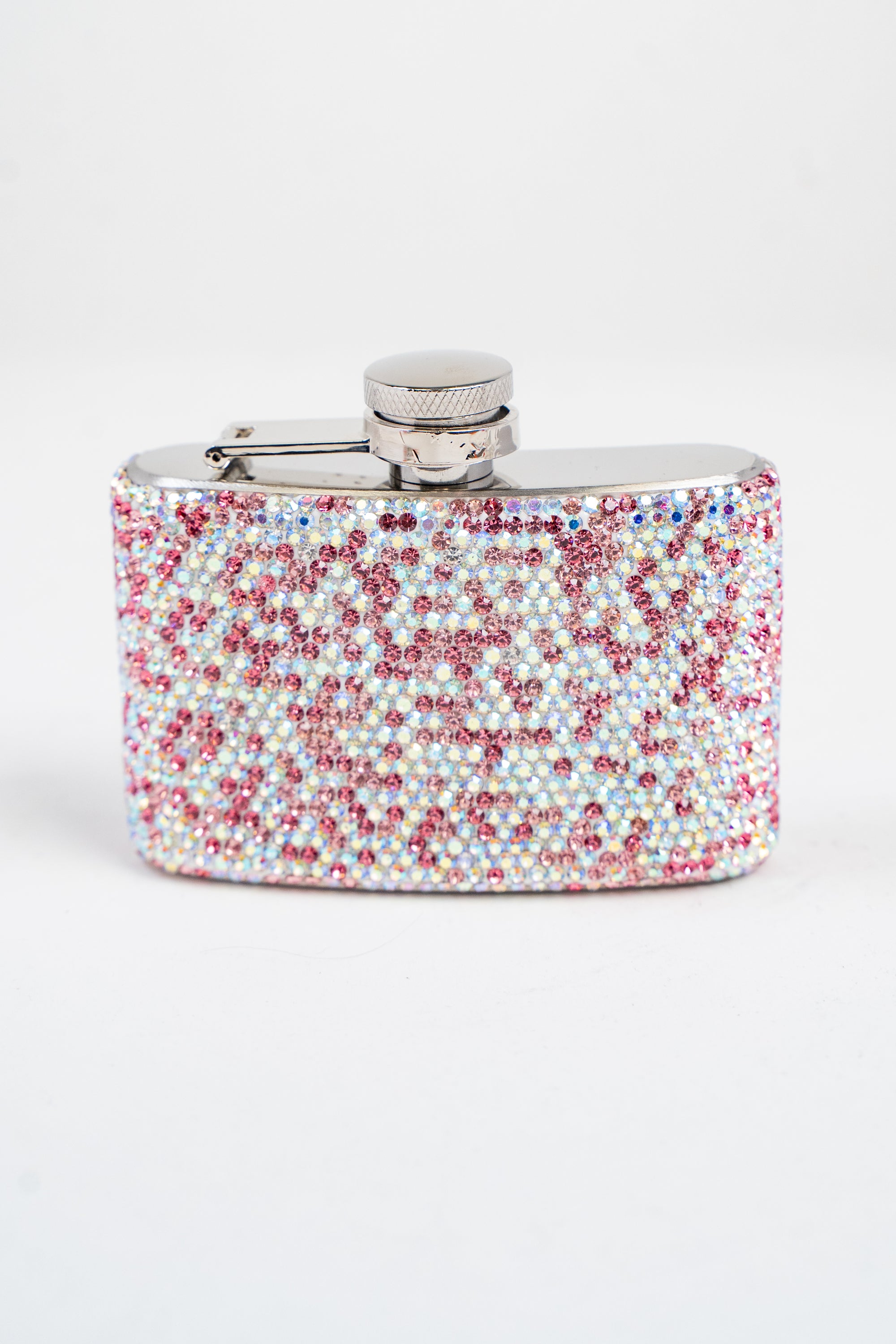 A front view of a small flask embellished with pink and AB rhinestones