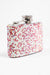 A 3/4 view of a small flask embellished with pink and AB rhinestones