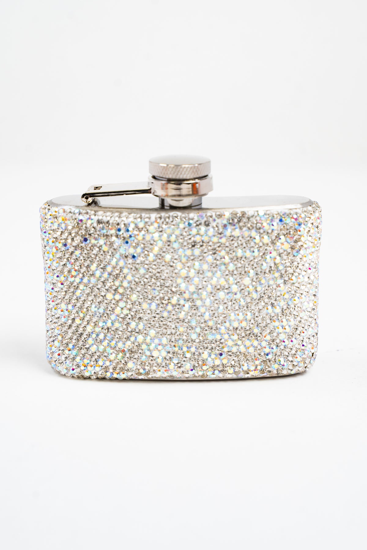 A front view of a small flask embellished with silver and AB rhinestones