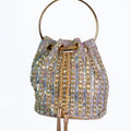 Rhinestone & Baguette Striped Drawstring Purse w/ Round Metal Handle
