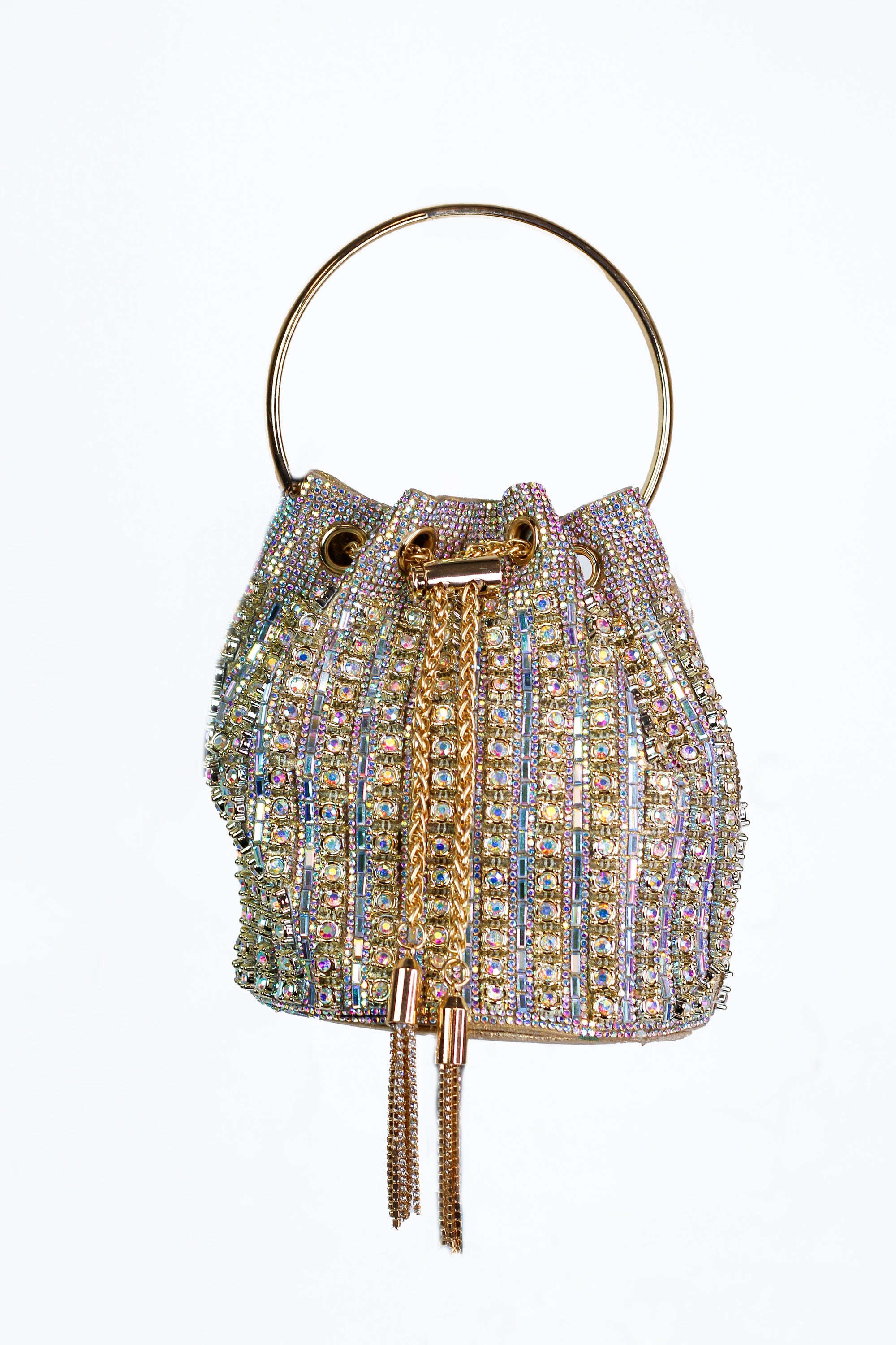 Rhinestone & Baguette Striped Drawstring Purse w/ Round Metal Handle