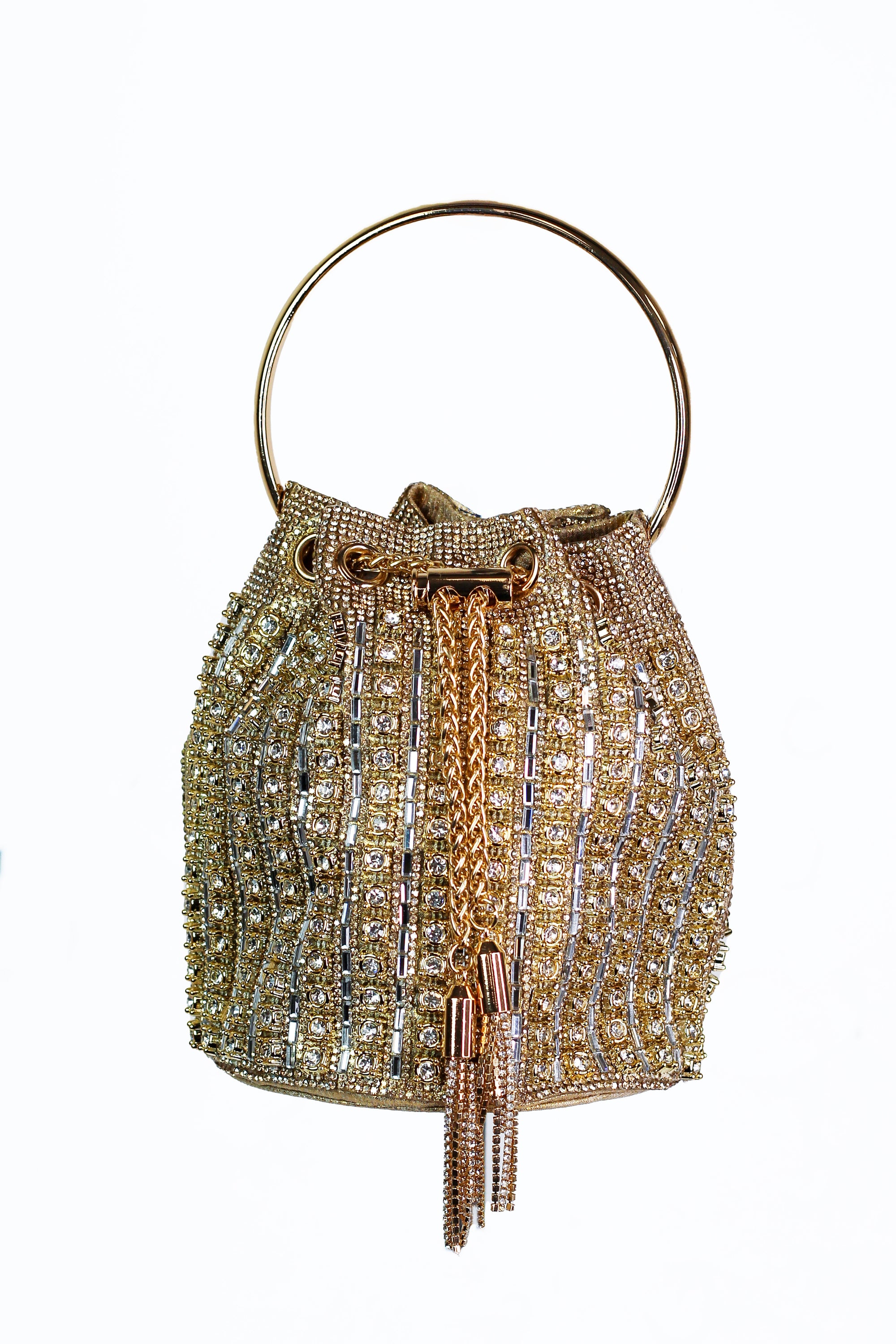 Rhinestone & Baguette Striped Drawstring Purse w/ Round Metal Handle