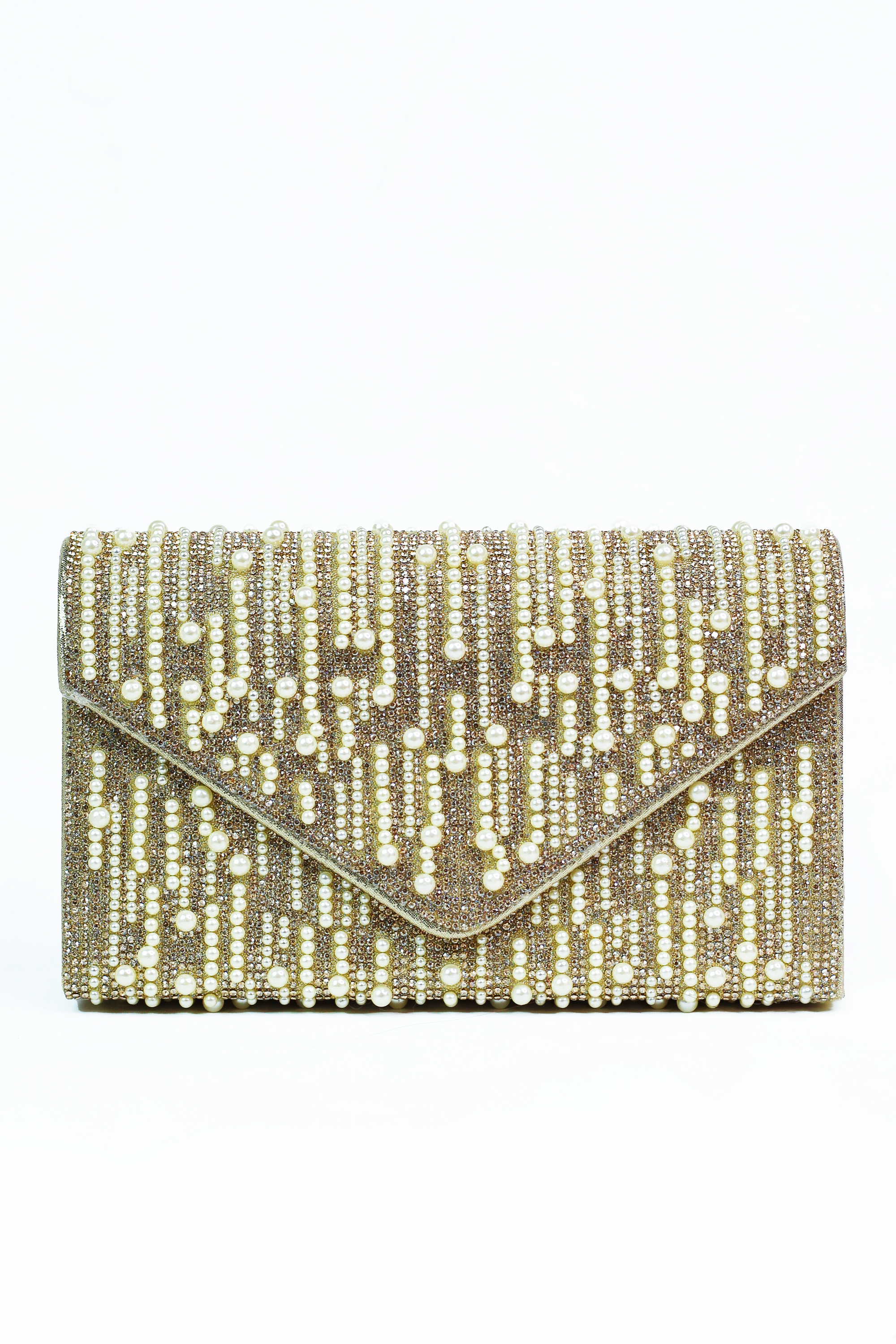 Rhinestone & Multi Size Pearl Stripes Envelope Clutch