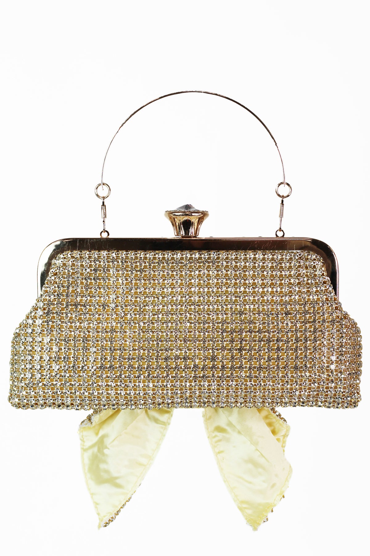 Rhinestone Mesh Clutch w/ Front Bow & Jewel Closure