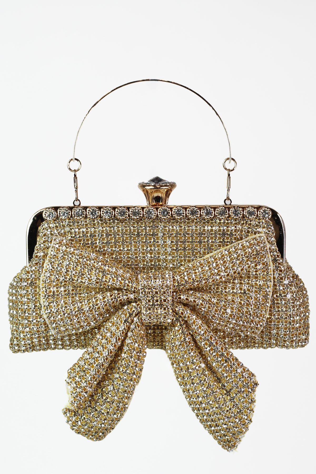 Rhinestone Mesh Clutch w/ Front Bow & Jewel Closure