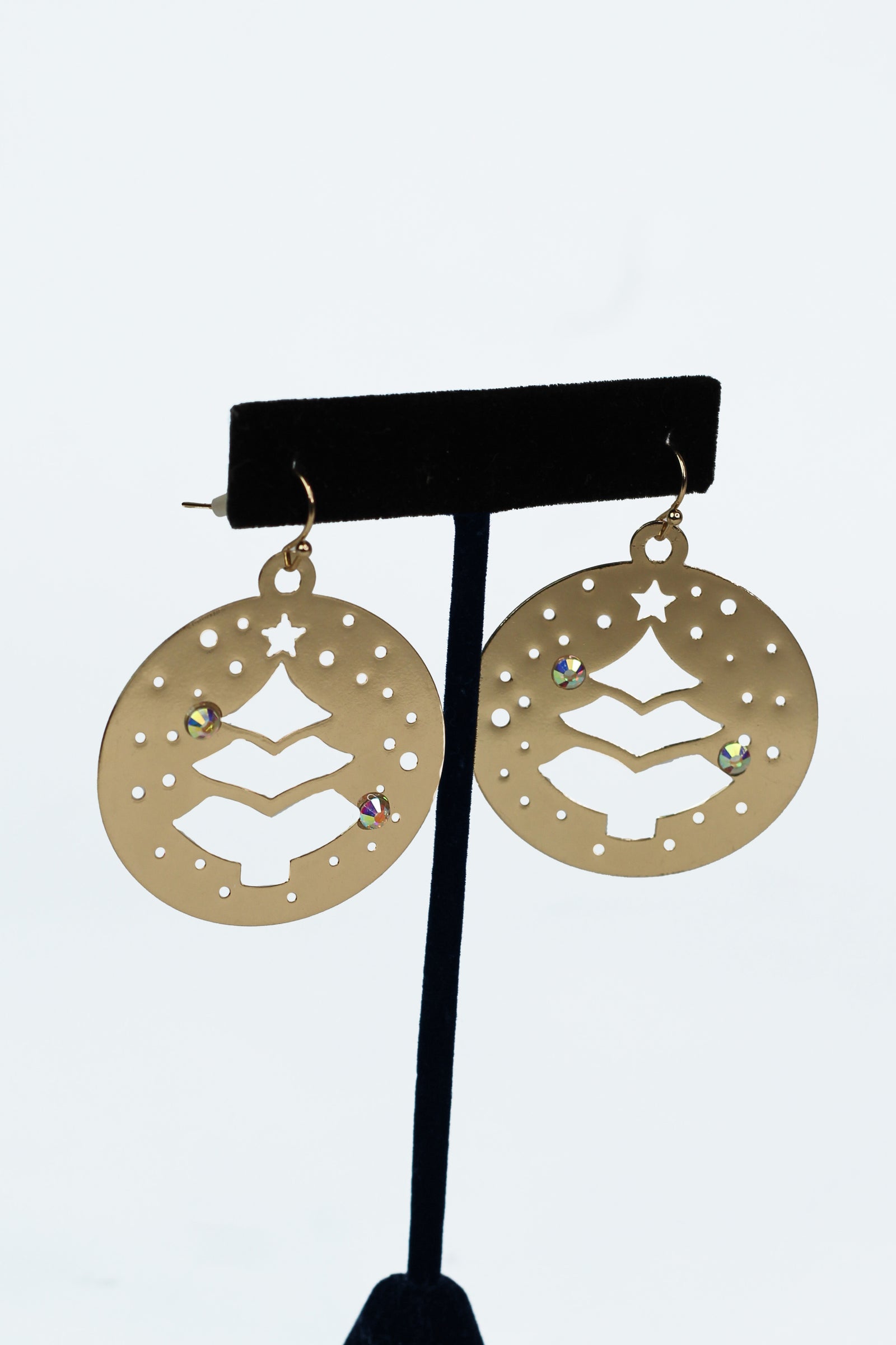 Round Metal Christmas Tree Earrings w/ Stone Accents