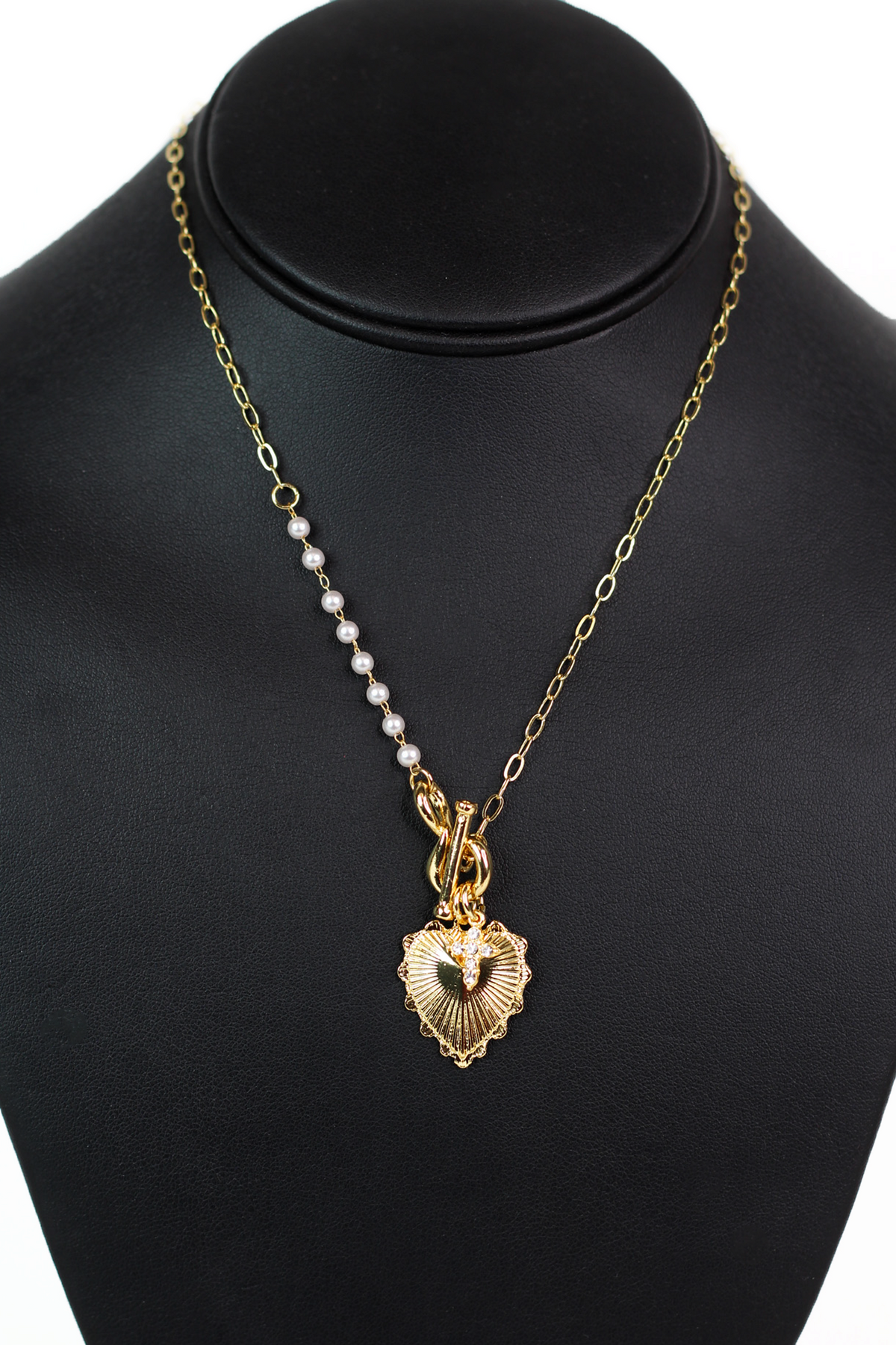 1/2 Pearl Accent Chain w/ Scalloped Heart &amp; Rhinestone Cross