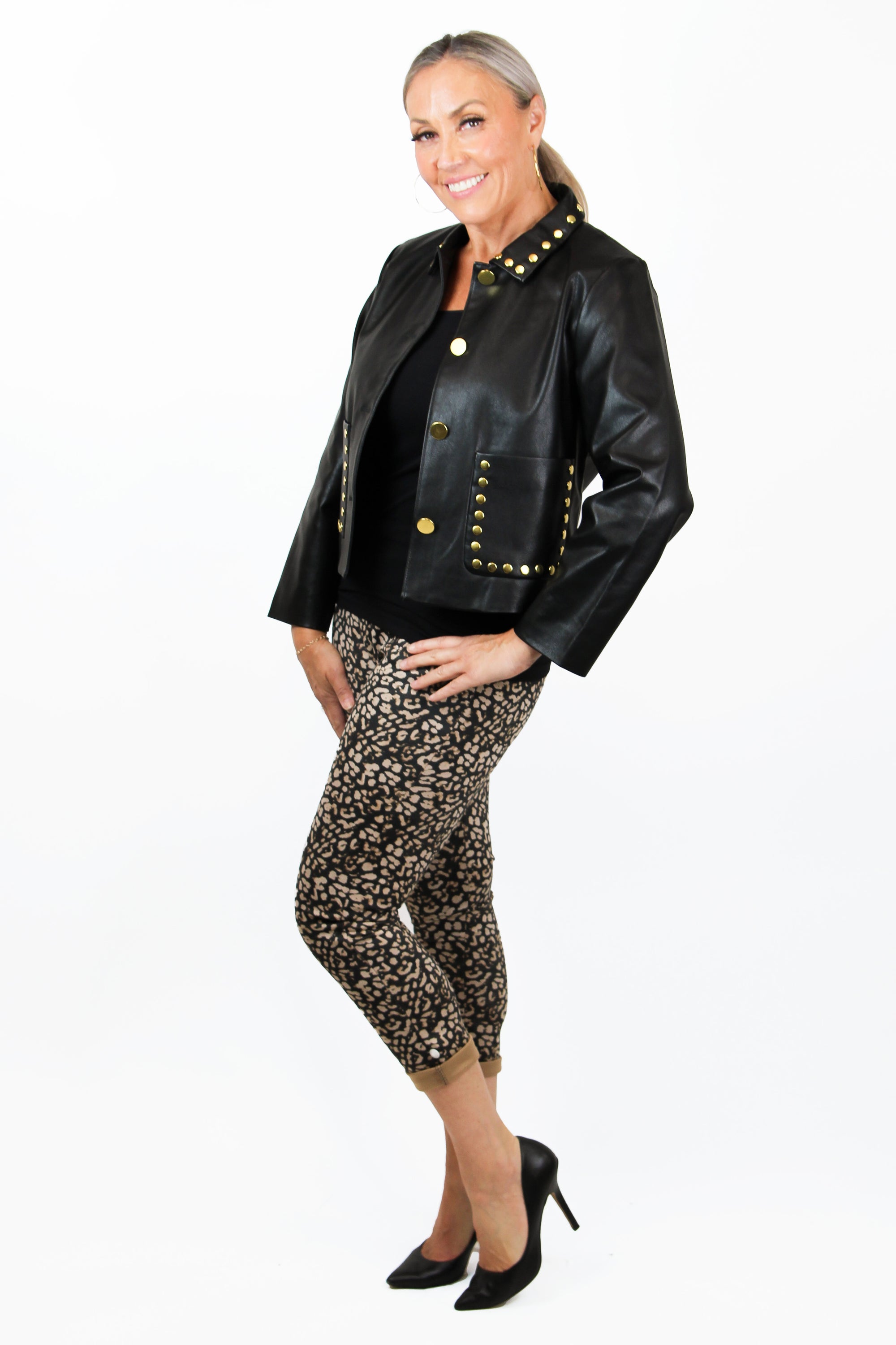 Faux Leather Studded Pocket & Collar Jacket