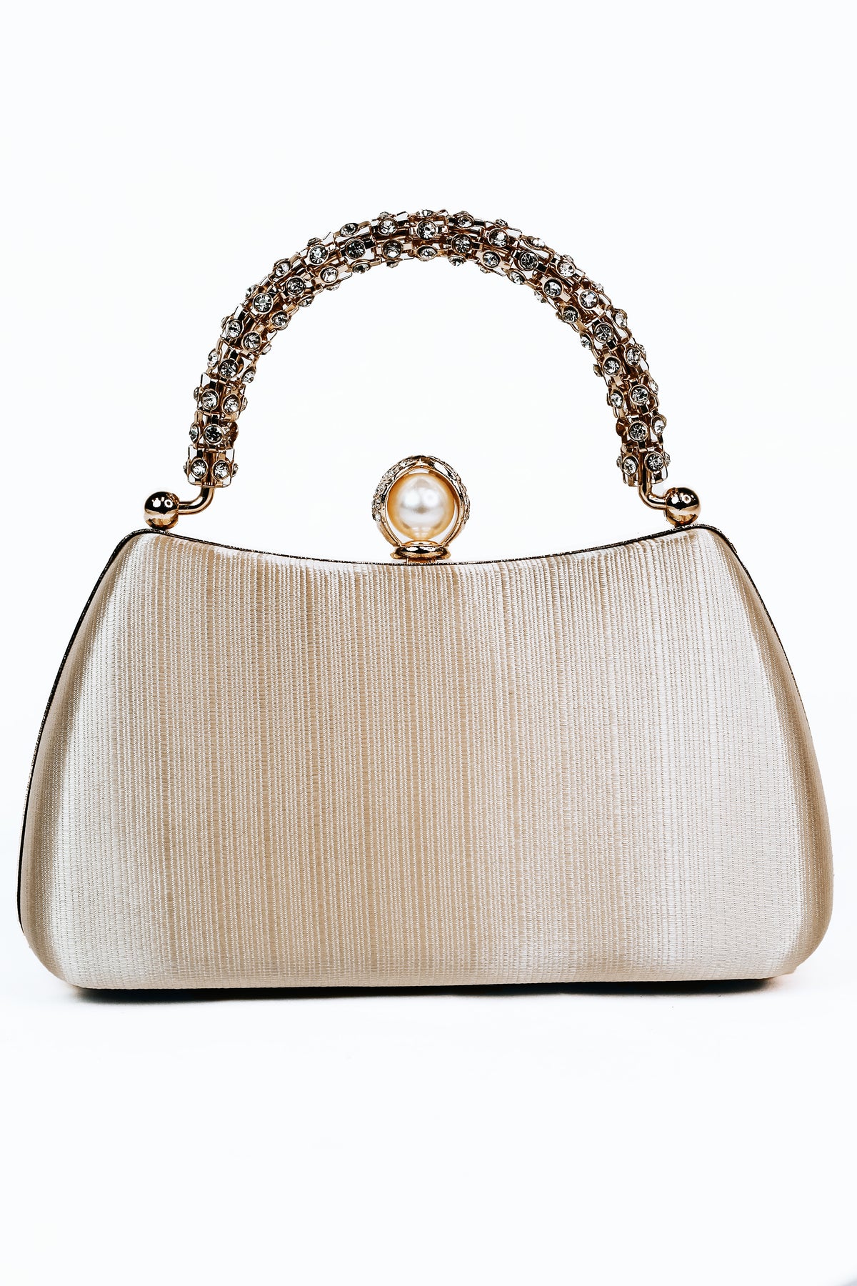 Rhinestone Handle Fabric Wrap Front Pearl Snap Clutch