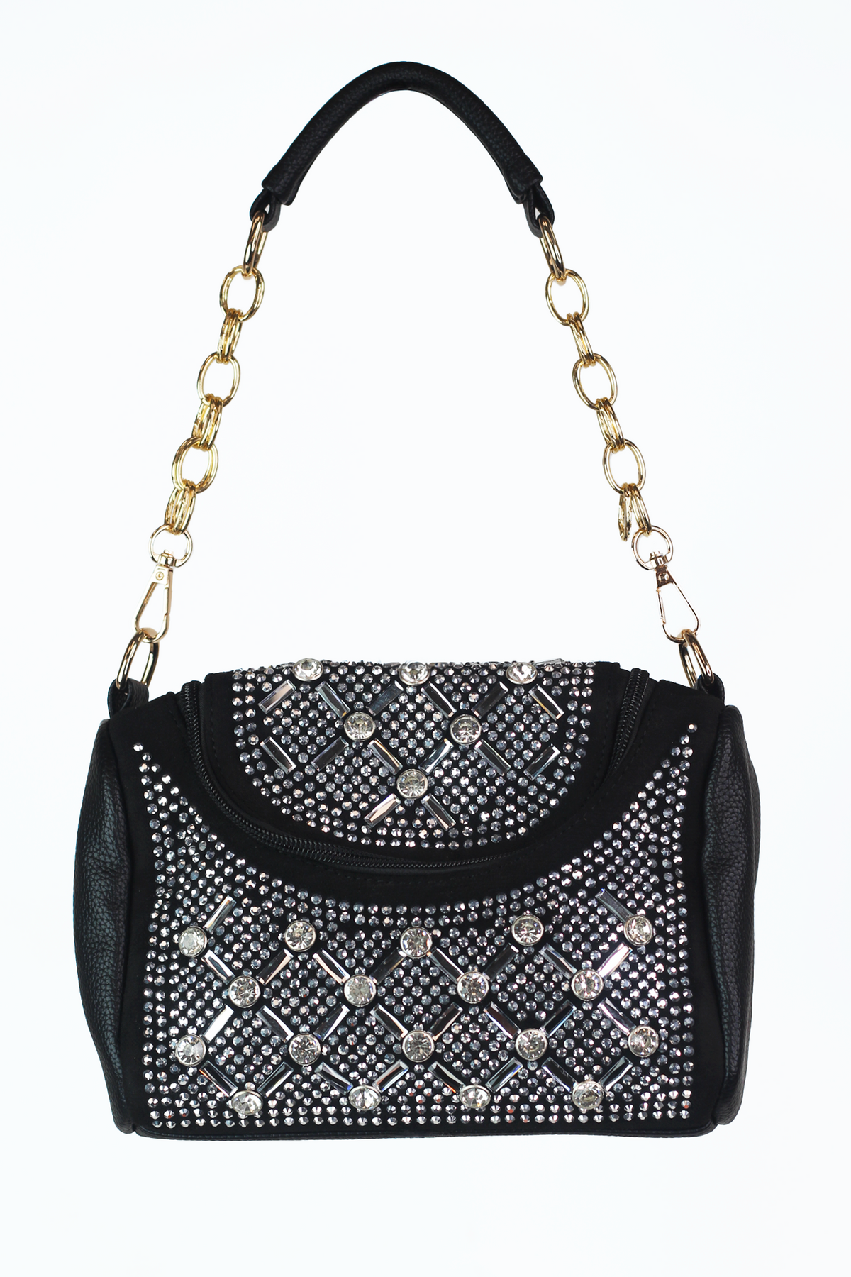 Multi Size Rhinestone &amp; Stud Triangle ShapeTop Round Zipper Handbag