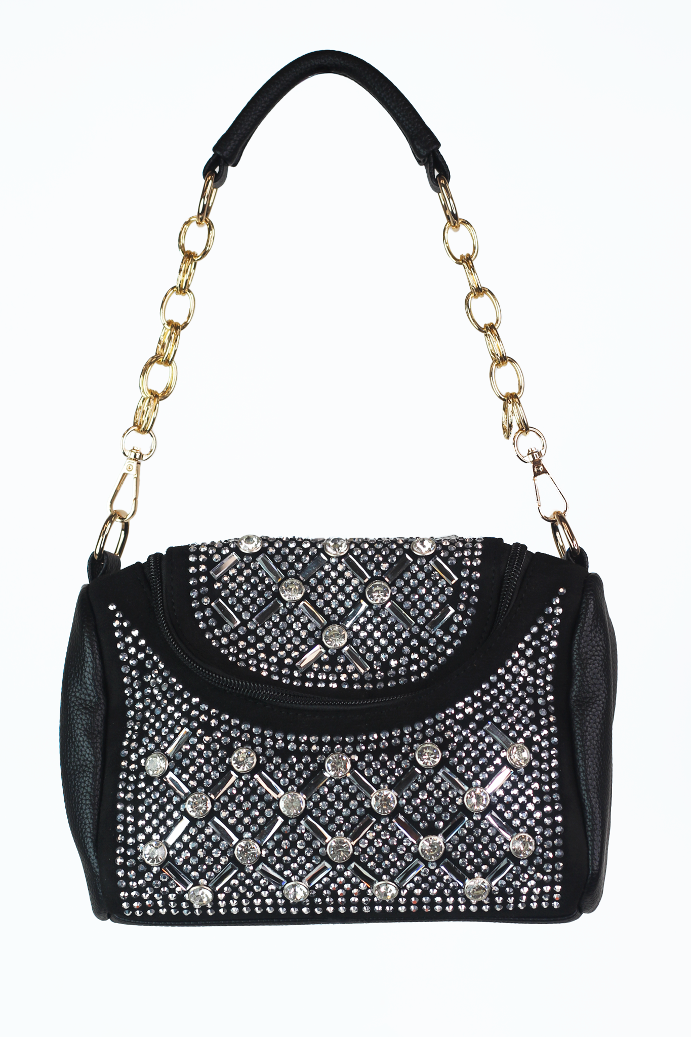 Multi Size Rhinestone & Stud Triangle ShapeTop Round Zipper Handbag