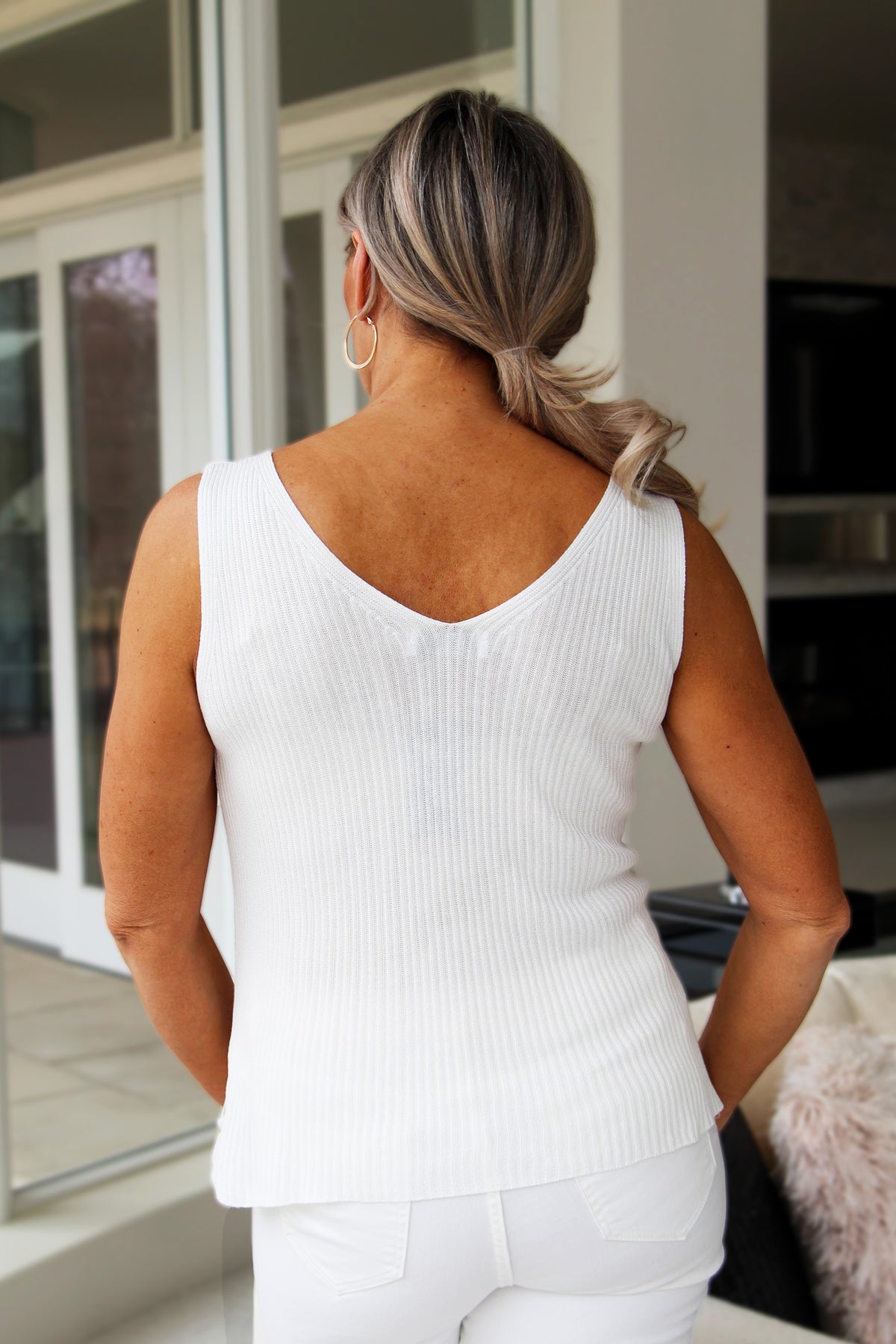 Gold Foil Palm Leaves Sleeveless V-Neck Ribbed Top