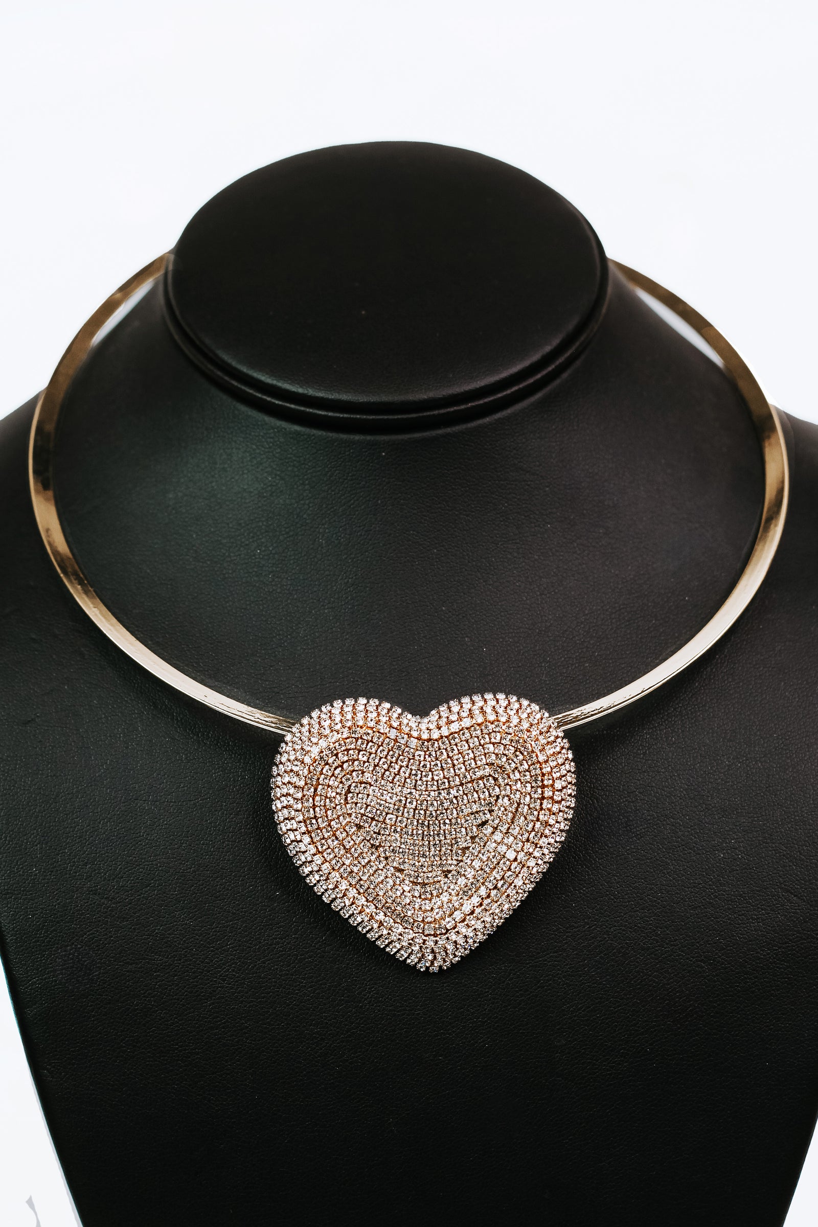 Large Rhinestone Indent Heart Metal Collar Necklace