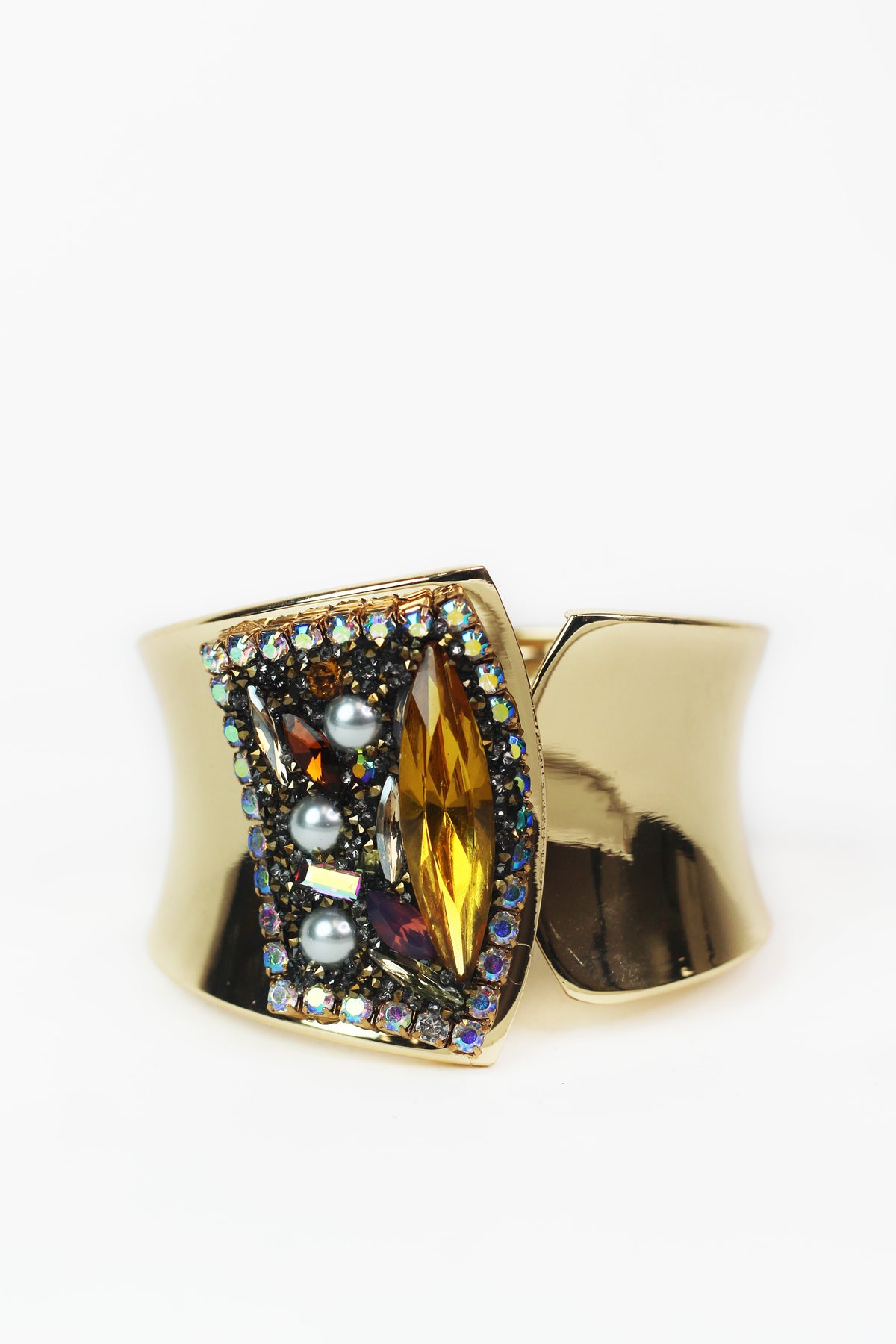 Thick Cuff Bracelet w/ Peral Rhinestone &amp; Stud Accent