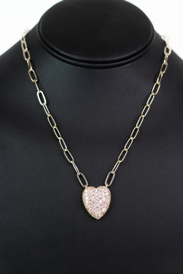 Oval Link Chain & Rhinestone Puff Front Heart - Glitz & Ears Boutique