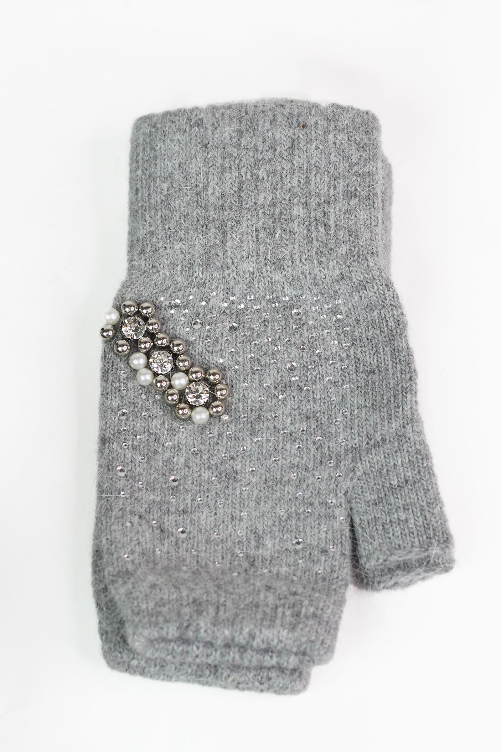 Fingerless Gloves w/ Scattered Rhinestones & Pearl Cluster