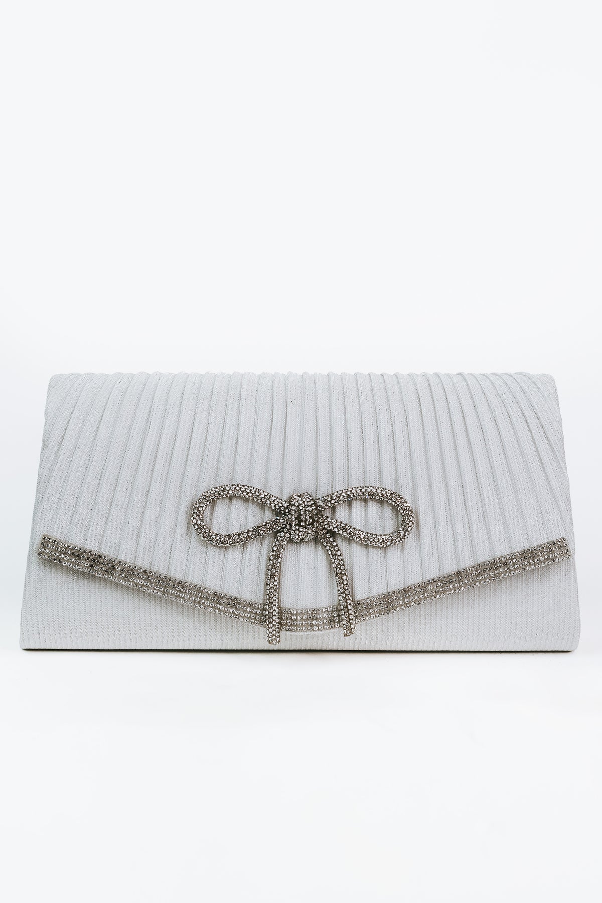 Shimmery Fabric Envelope Clutch w/ Rhinestone Bow &amp; Trim