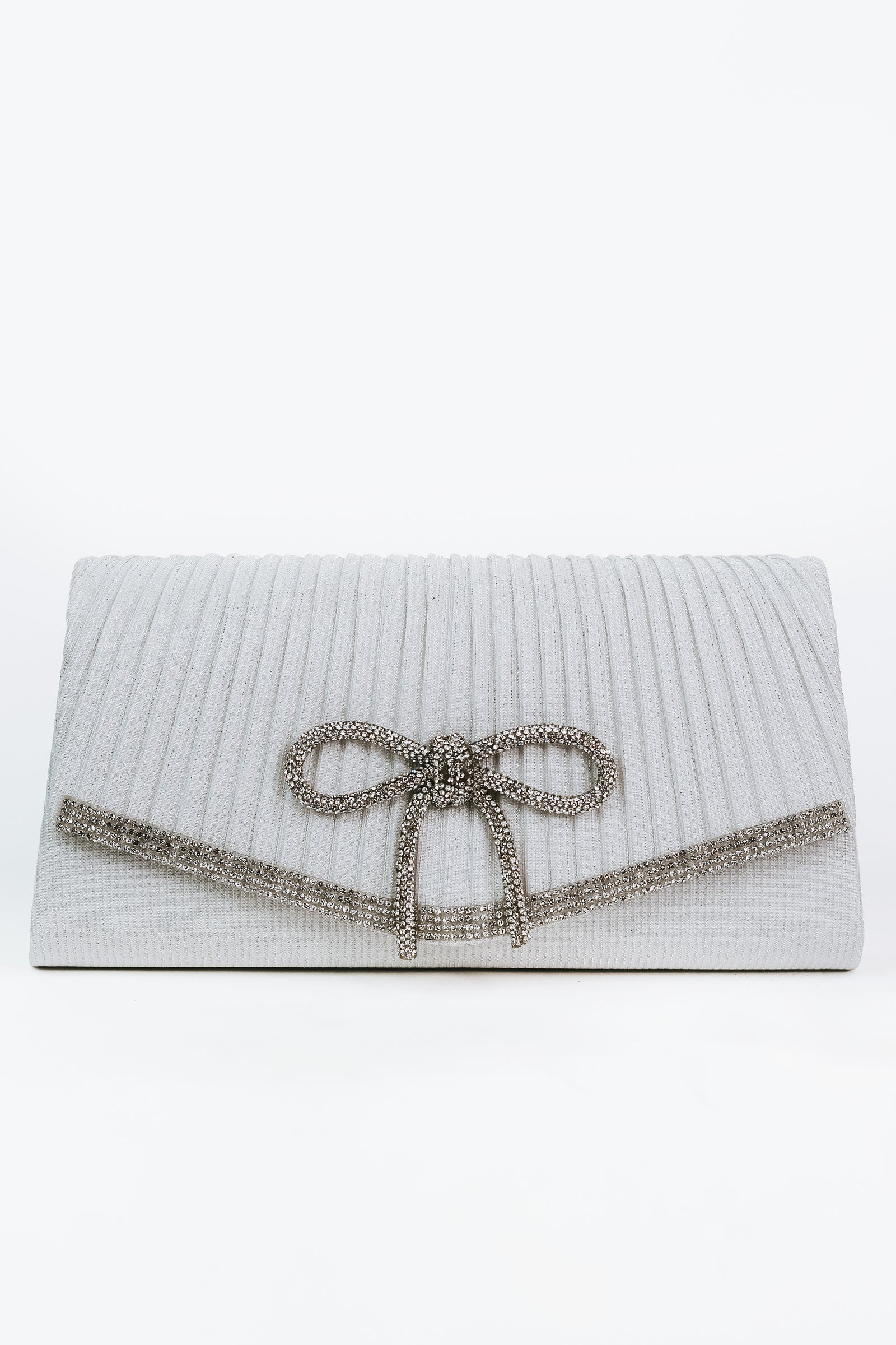 Shimmery Fabric Envelope Clutch w/ Rhinestone Bow & Trim