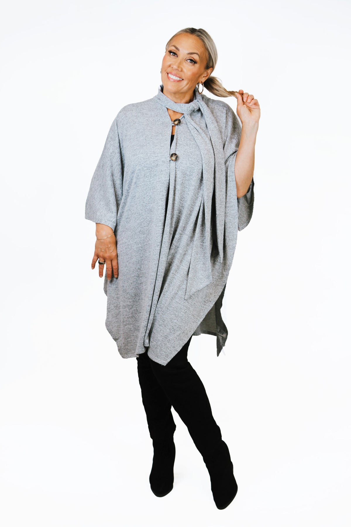 Knit Cape w/ Top Button Closure & Attached Scarf