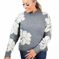 High Neck Long Sleeve Floral Pattern Sweater w/ Rhinestone Detail