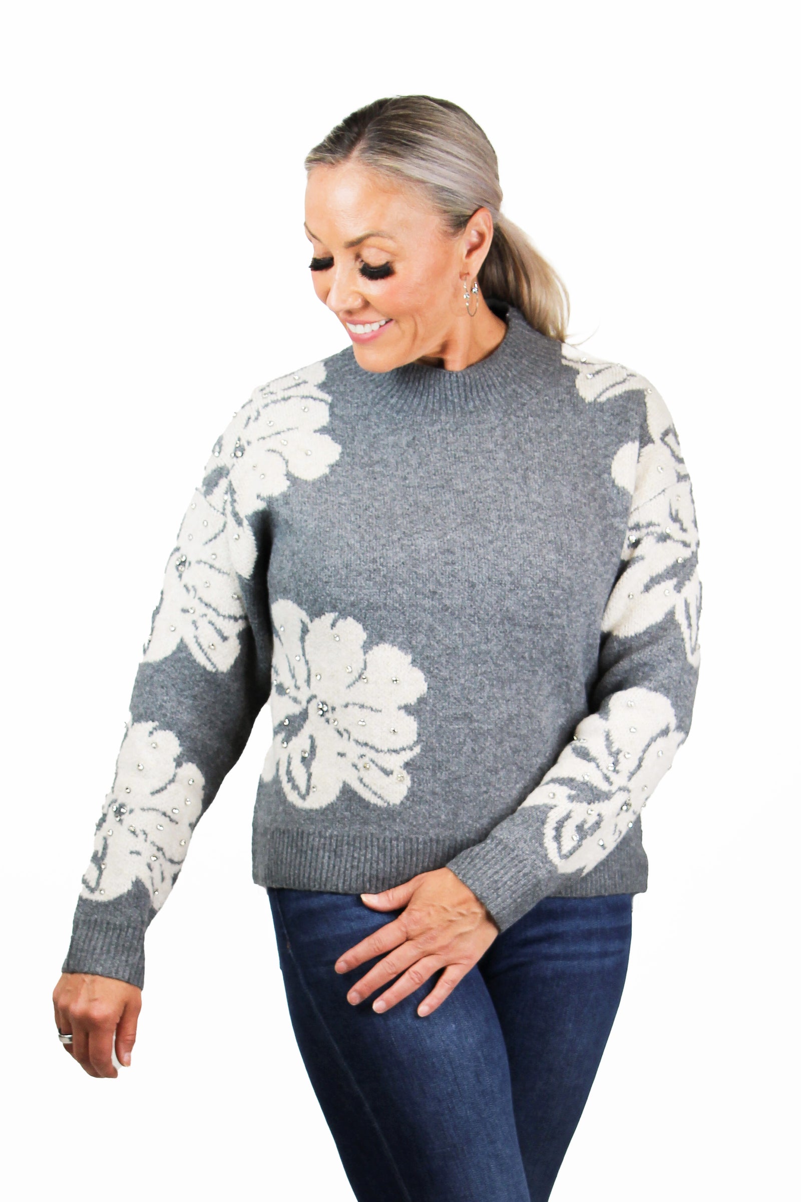 High Neck Long Sleeve Floral Pattern Sweater w/ Rhinestone Detail