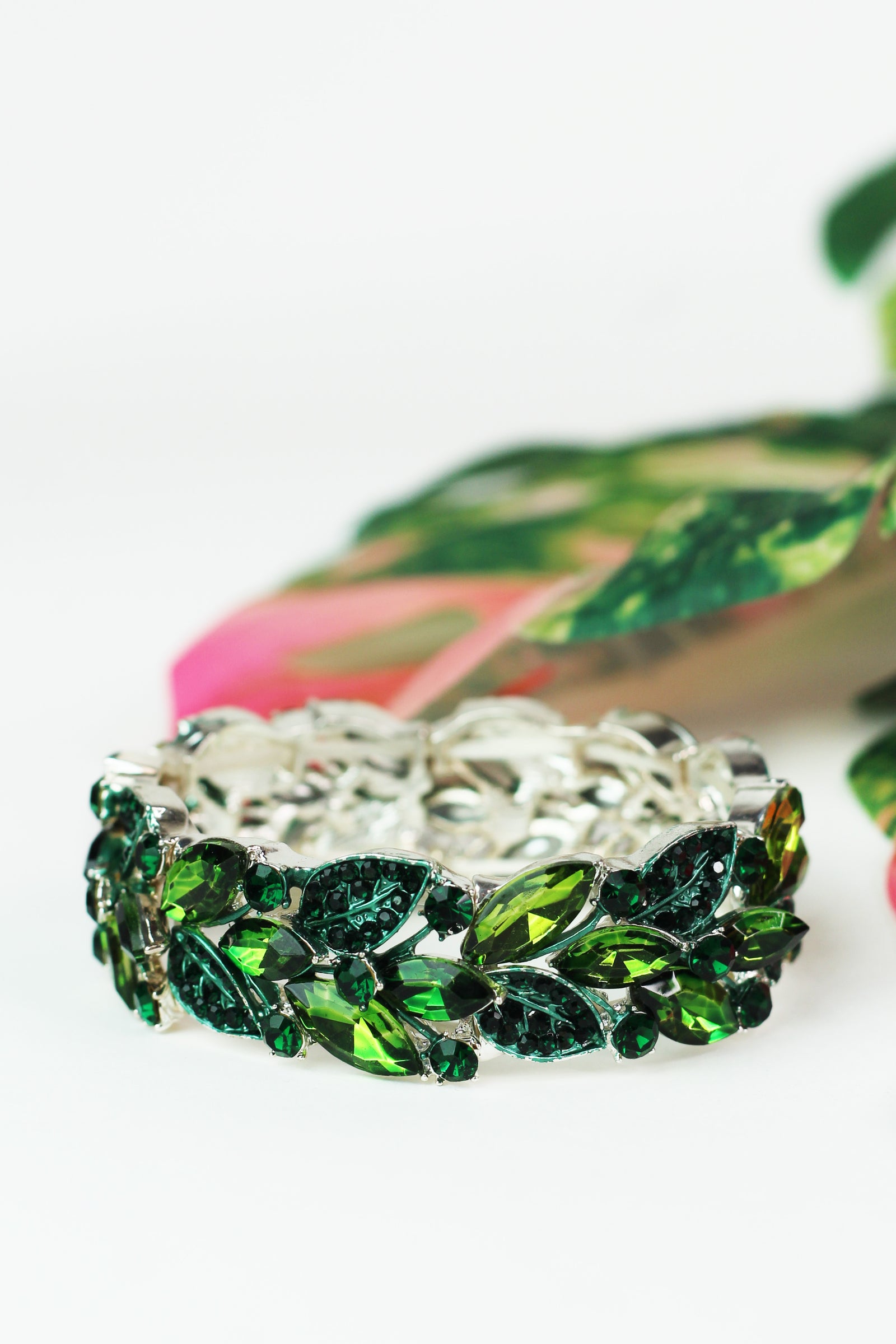 Rhinestone & Pave Marquis Leaves Stretch Bracelet