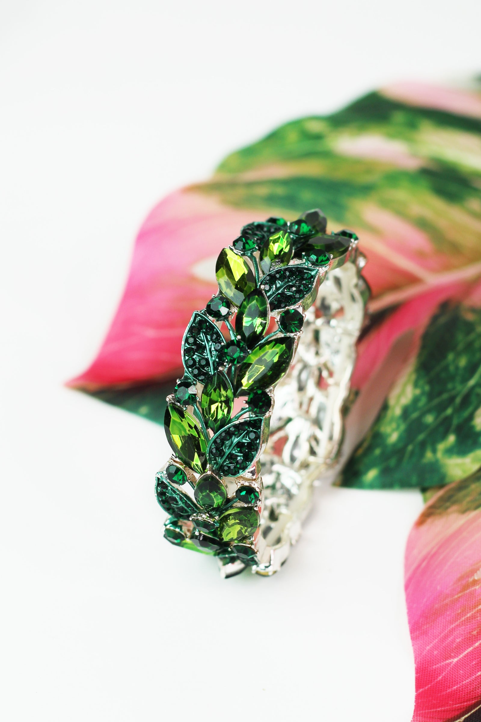 Rhinestone & Pave Marquis Leaves Stretch Bracelet