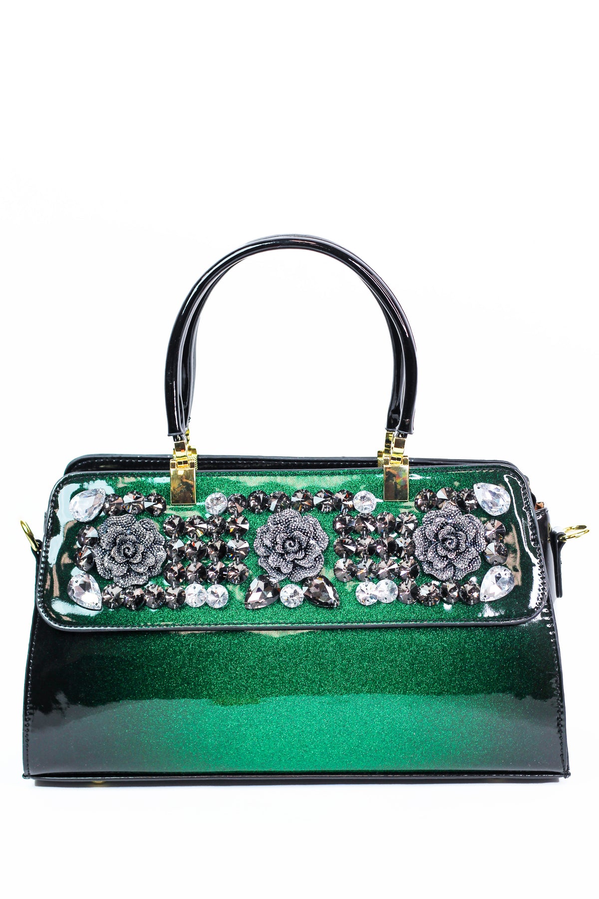 Shimmery Faux Patent Leather Handbag w/ Large Stone &amp; Floral Accents