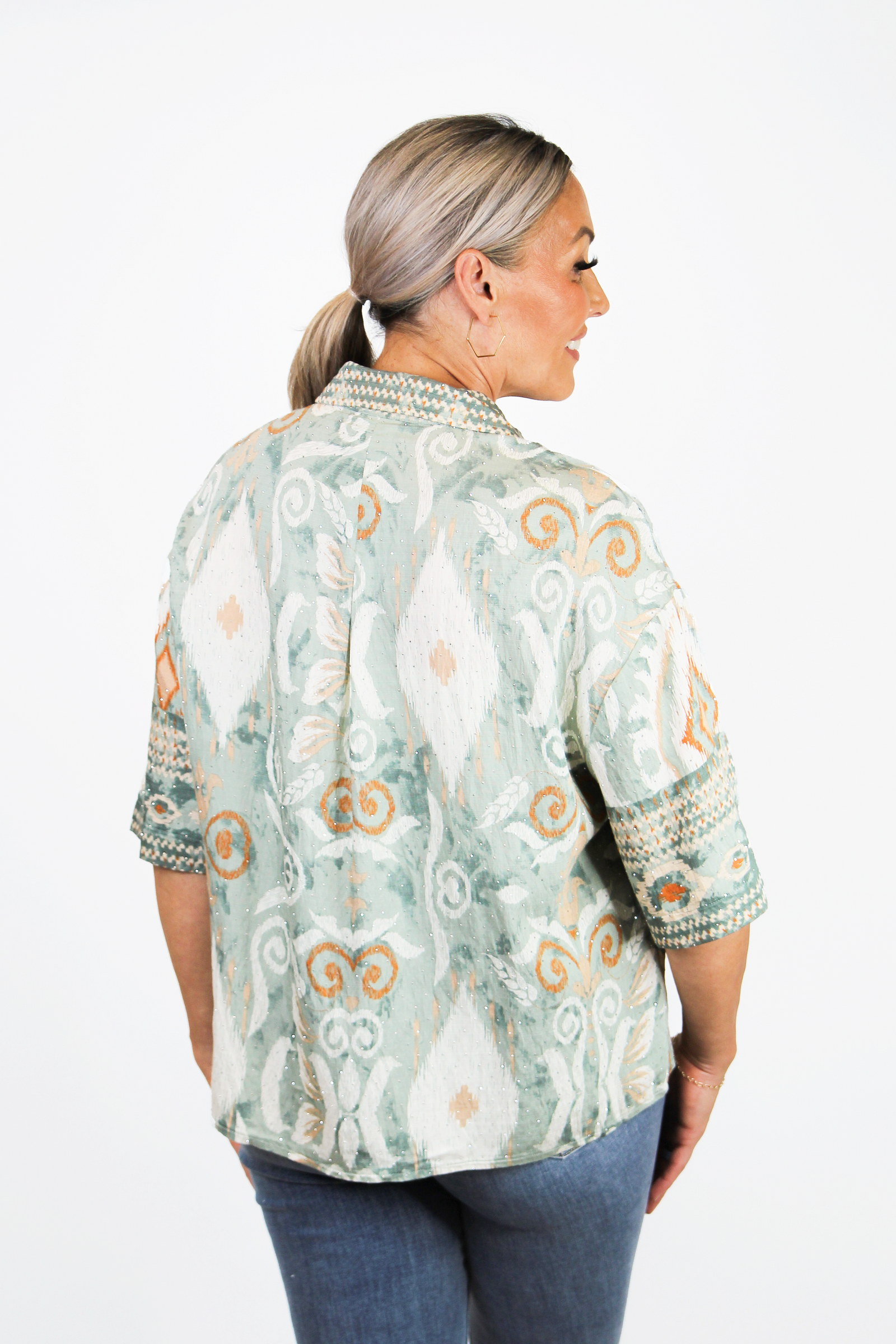 Printed Button Down Crop Top w/ Rhinestone Embellishments