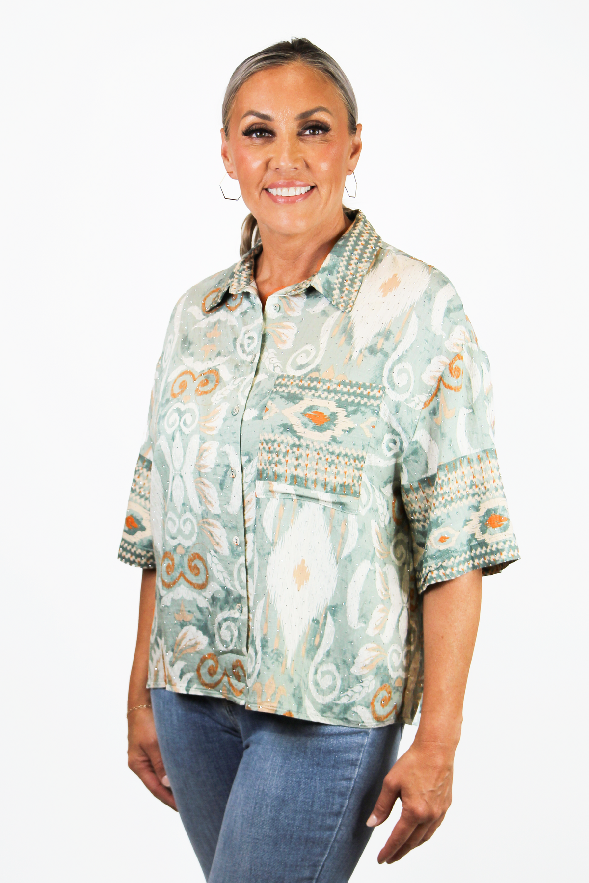 Printed Button Down Crop Top w/ Rhinestone Embellishments