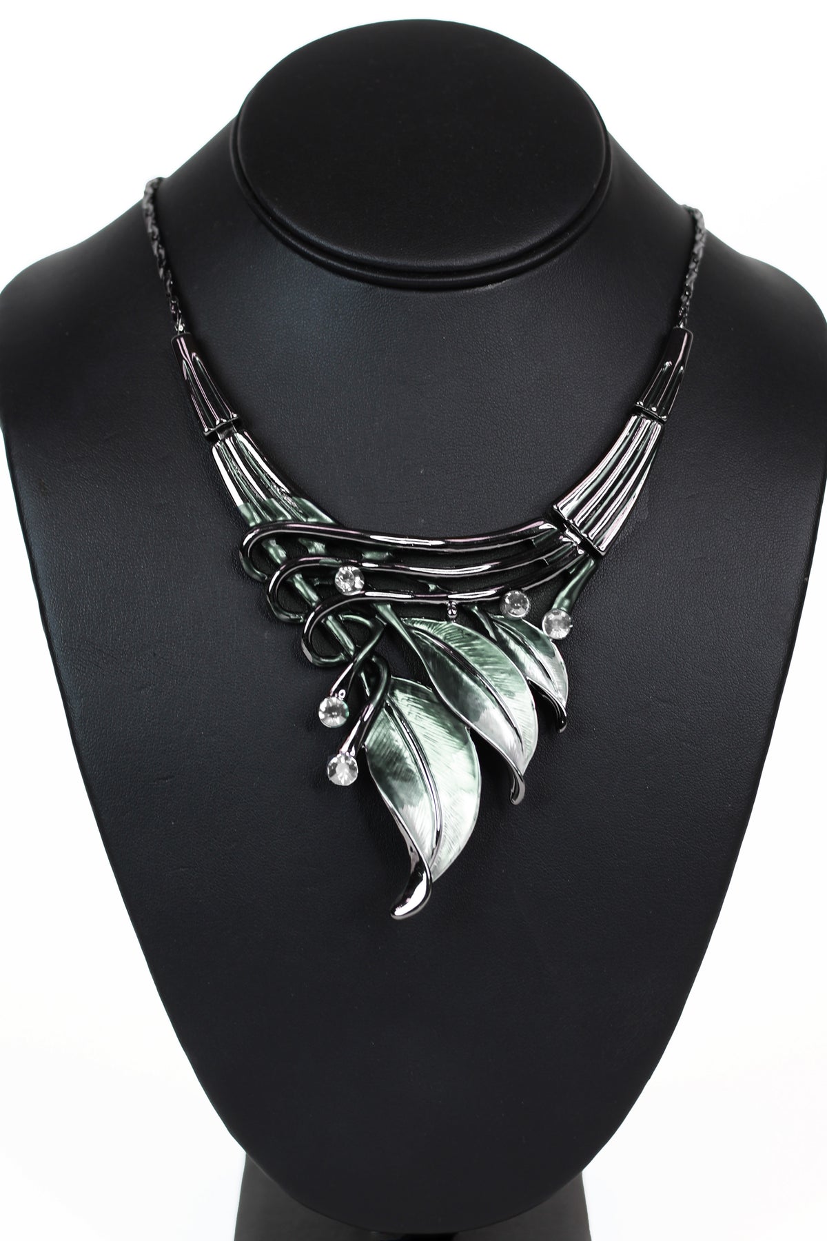 Metal Leaves Lines & Rhinestones Necklace