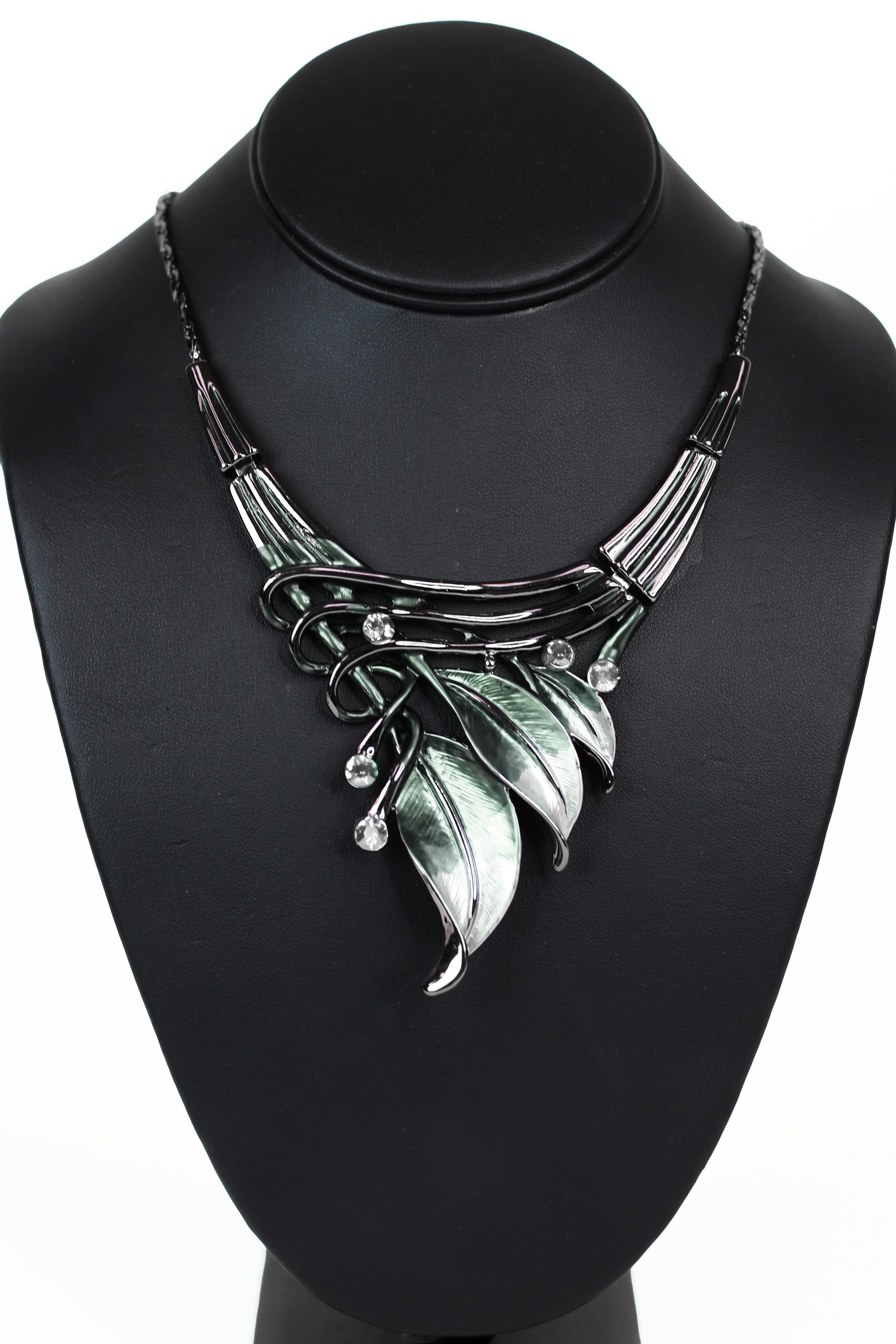 Metal Leaves Lines & Rhinestones Necklace